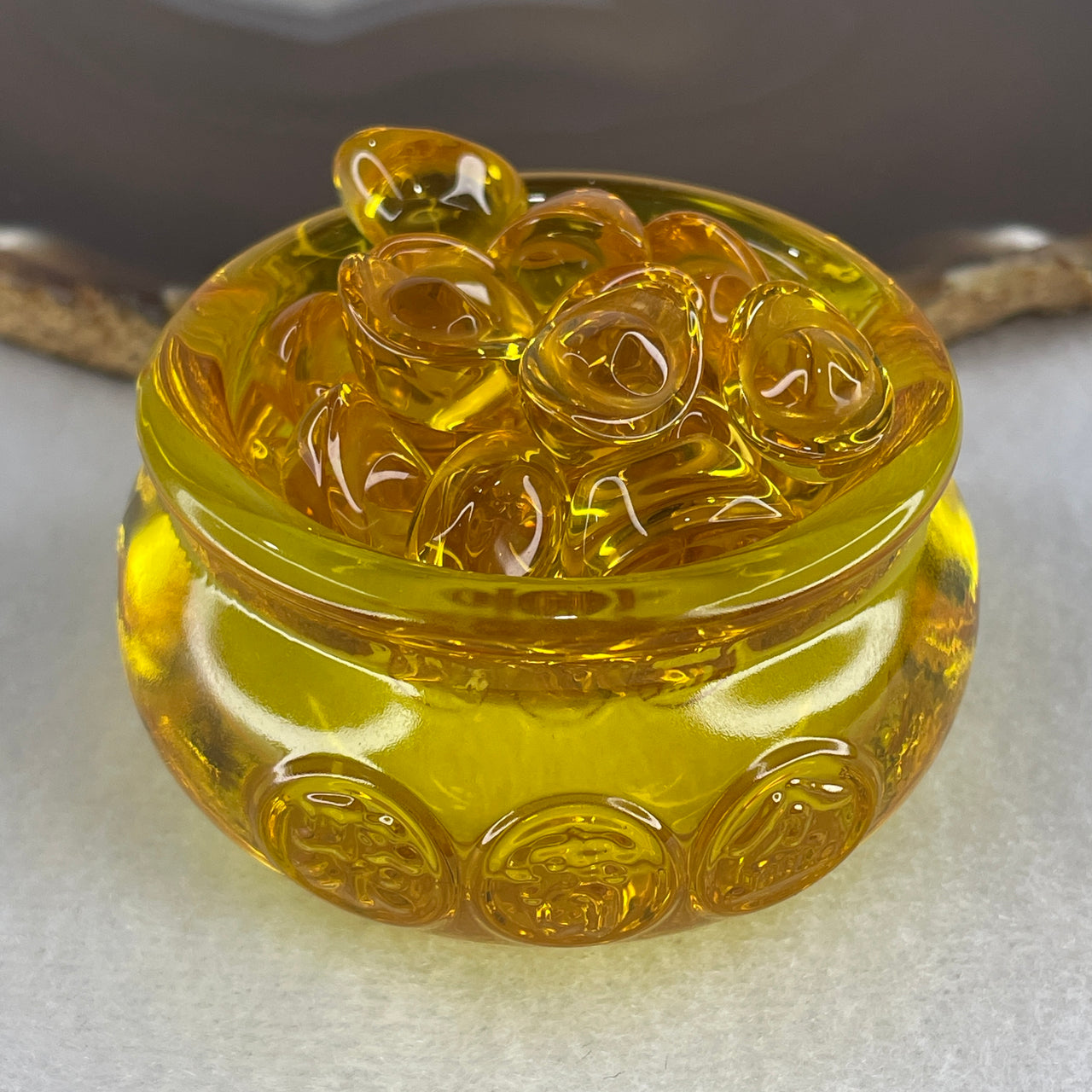 Yellow Liuli Wealth Pot with Ingot Yuan Bao Display Total Weight 152.83g 60.5 by 39.5mm - Huangs Jadeite and Jewelry Pte Ltd