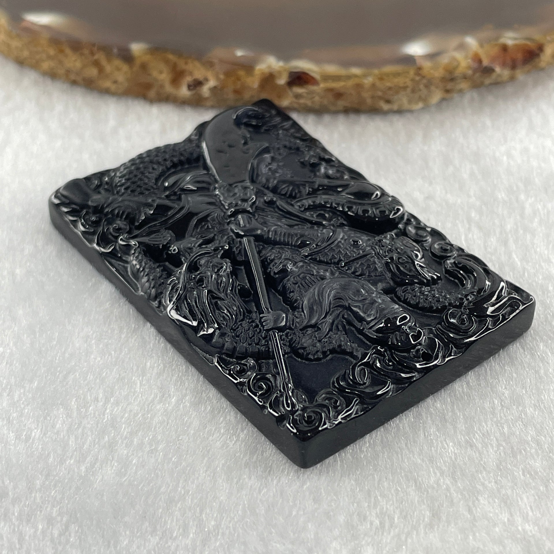 Type A Opaque to Partial Translucent Black Omphacite Jadeite Guan Gong with Dragon Pendant 26.12g 57.7 by 38.8 by 7.8mm - Huangs Jadeite and Jewelry Pte Ltd