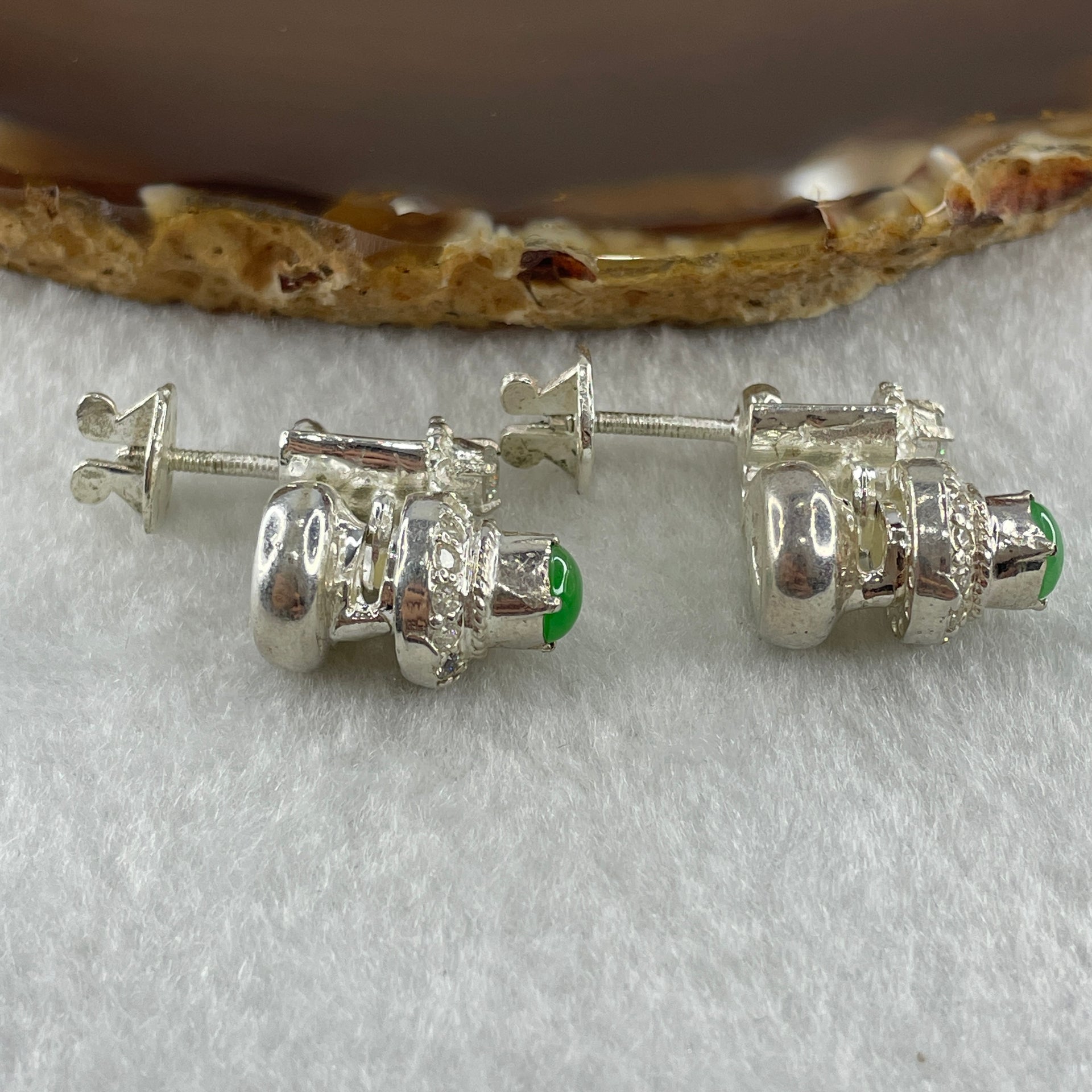 Type A Natural Semi Icy Green Jadeite Cabochon 6.2 by 5.5 by 2.5m Stone for Setting 22.45g (On Silver Earrings Mold) - Huangs Jadeite and Jewelry Pte Ltd