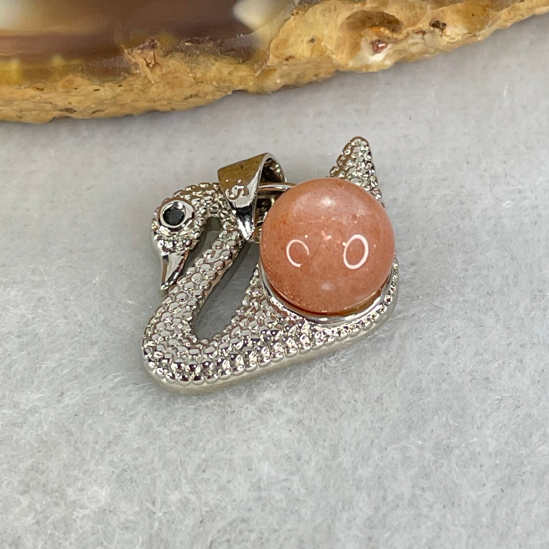 Natural Sunstone Bead with Crystals in S925 Sliver Swan Charm 3.31g 7.9mm - Huangs Jadeite and Jewelry Pte Ltd