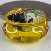 Yellow Liuli Wealth Pot with Five Element Crystal Fragment (Clear Quartz, Black Obsidian, Red Jasper, Citrine, Serpentine) Display Total Weight 336.49g 79.8 by 40.8mm - Huangs Jadeite and Jewelry Pte Ltd