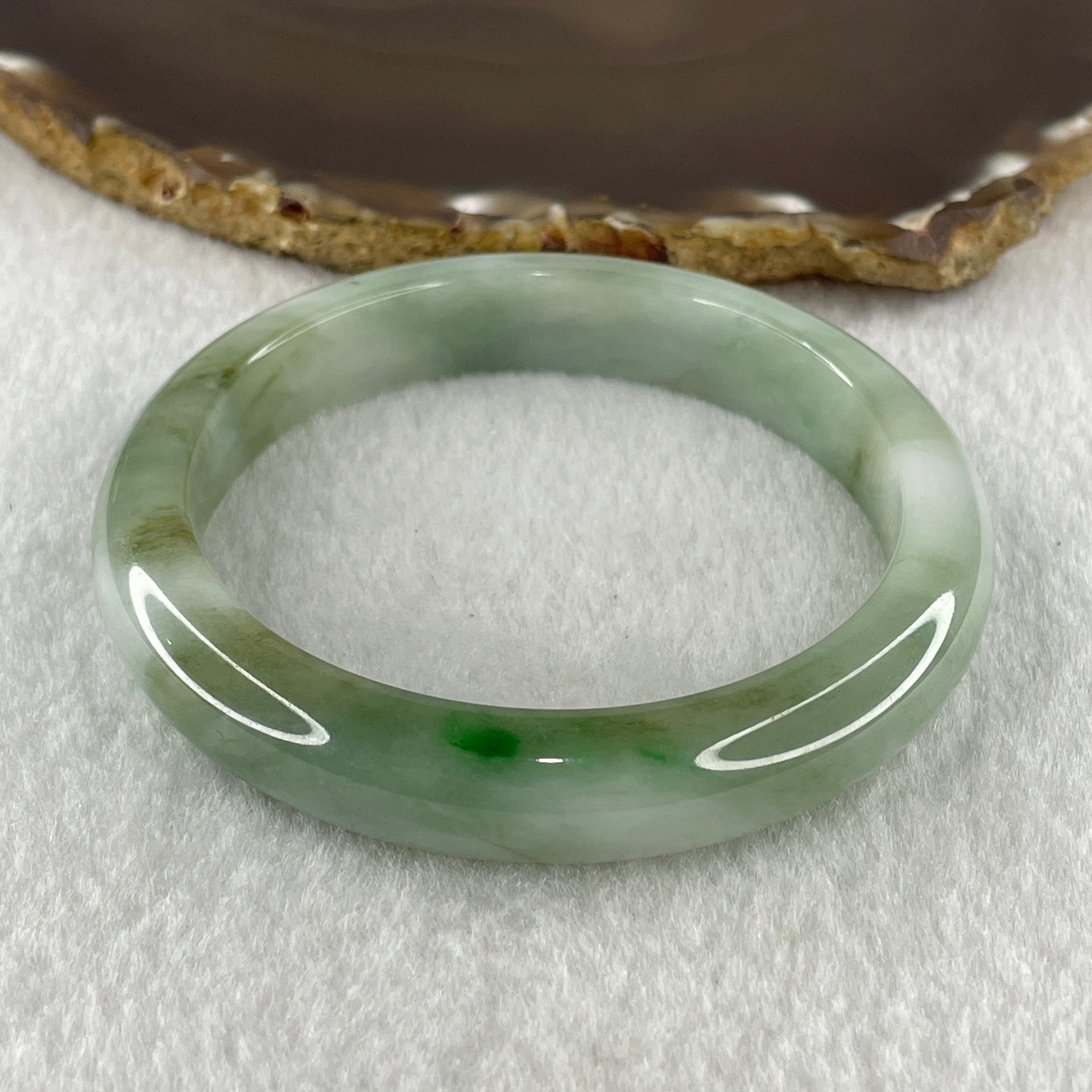 Natural Type A Jelly Light Green with Blueish Green Piao Hua Flora Jadeite Bangle 60.75g Inner Diameter 60.8mm 12.3 by 9.4mm (Very Very Slight Internal Lines) - Huangs Jadeite and Jewelry Pte Ltd