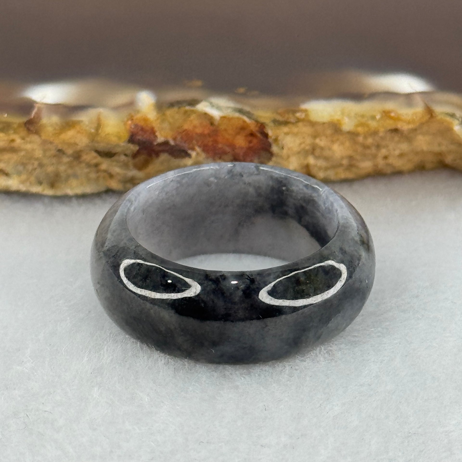 Type A Semi Icy Wuji Grey Black with Lavender Jadeite Thick Ring 5.10g 9.2 by 3.6mm US7.7 HK 17 (Slight Internal Lines) - Huangs Jadeite and Jewelry Pte Ltd