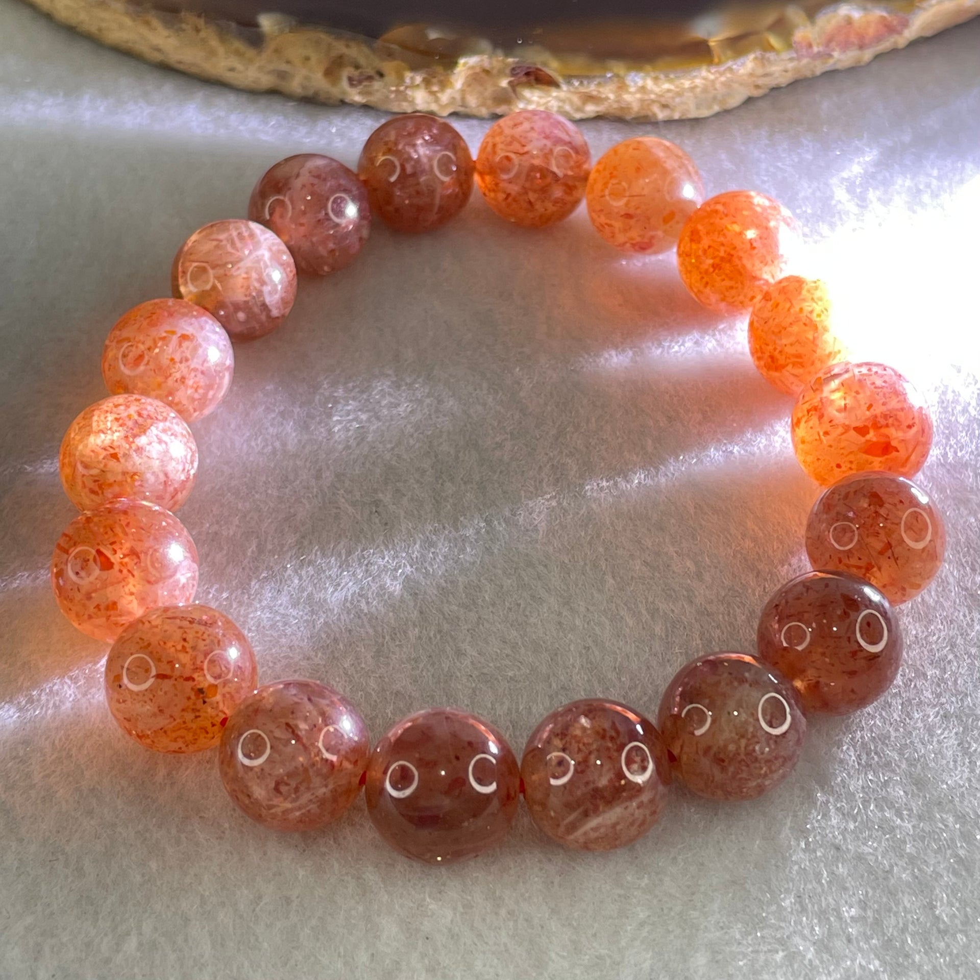 Average Grade Natural Red Sunstone Beads Bracelet 33.85g 16cm 11.2mm 18 Beads - Huangs Jadeite and Jewelry Pte Ltd