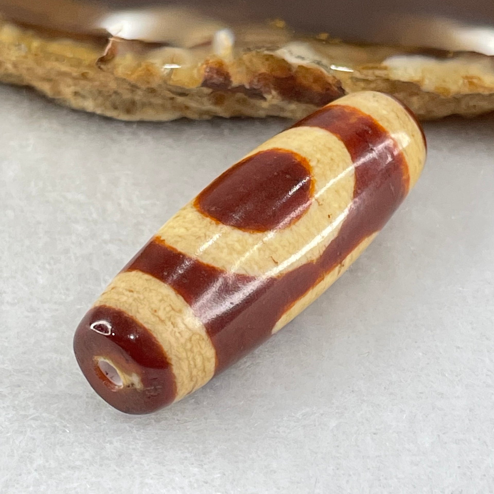 Natural Powerful Tibetan Old Oily Red White Agate One Eye Fire Sign Dzi Bead Heavenly Master (Tian Zhu) 一眼火天珠 9.70g 37.1 by 13.0mm - Huangs Jadeite and Jewelry Pte Ltd