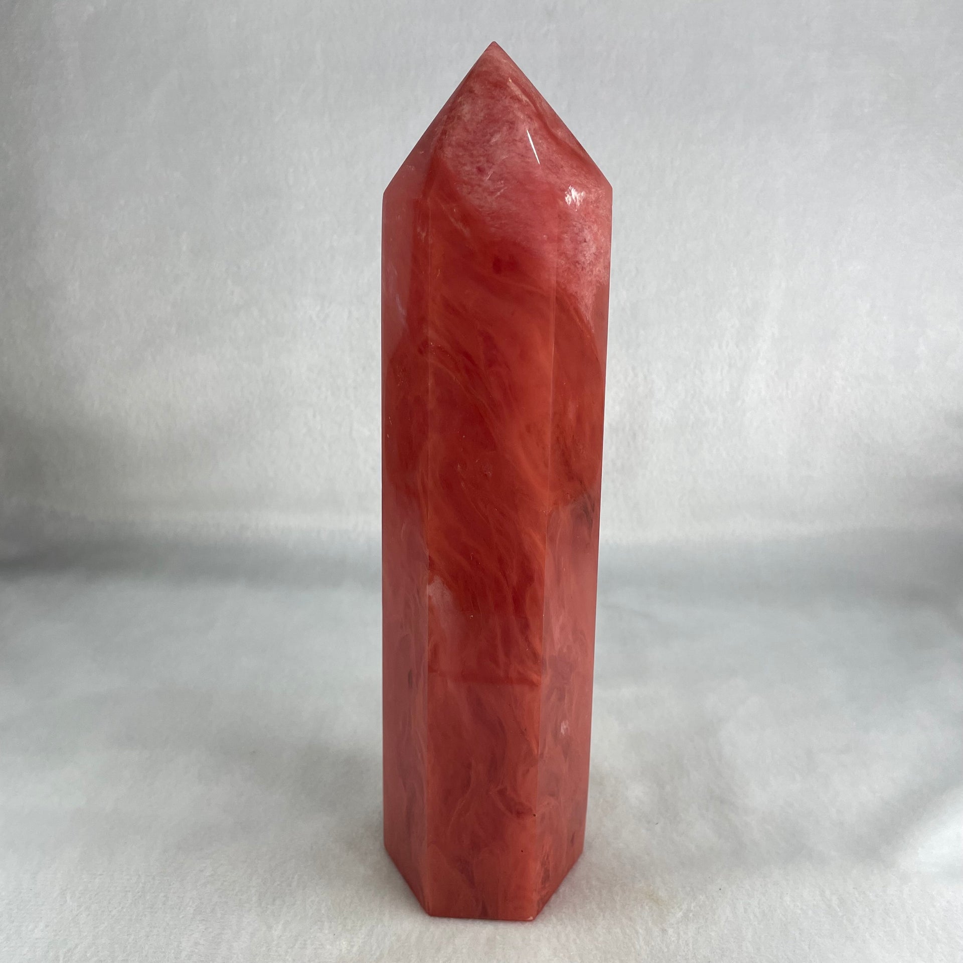 Cherry Quartz Tower with Wooden Stand Display 866.8g 59.3 by 50.0 by 210.0mm - Huangs Jadeite and Jewelry Pte Ltd