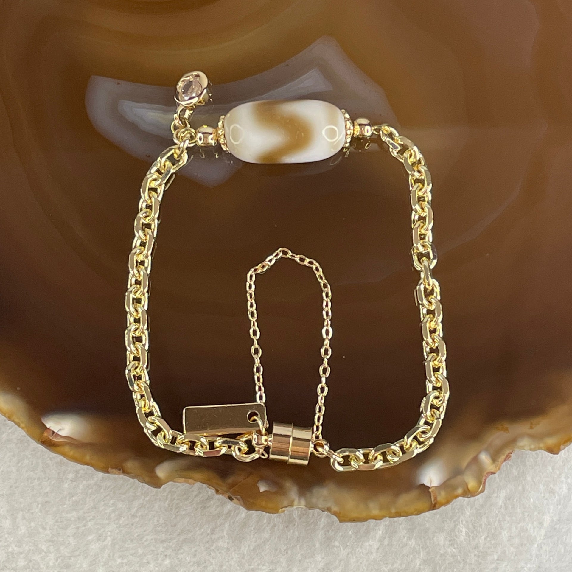 Natural Powerful Tibetan Old Oily Agate Tiger Tooth Daluo Dzi Bead with Stainless Steel Gold Color Bracelet 10.37g 16cm 19.1 by 10.1mm - Huangs Jadeite and Jewelry Pte Ltd