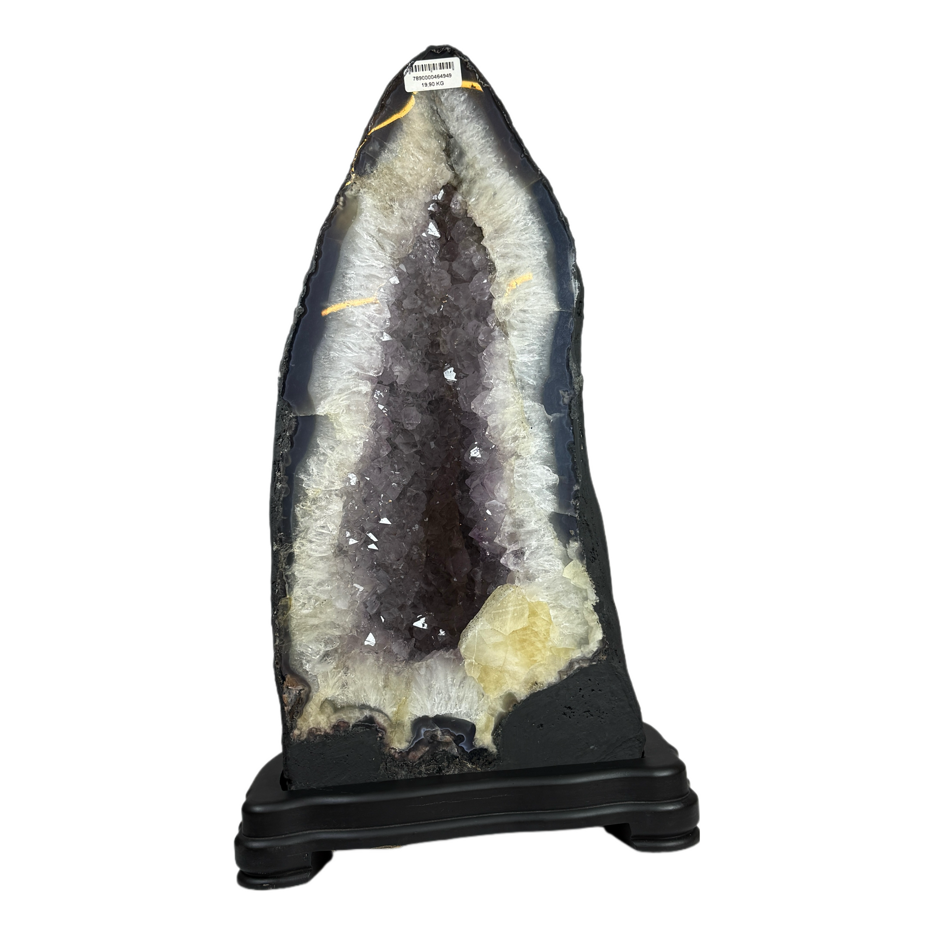 Natural Triangular Shape Amethyst Cave with Wooden Display 20,570.8g 270.0 by 240.0 by 470.0mm - Huangs Jadeite and Jewelry Pte Ltd