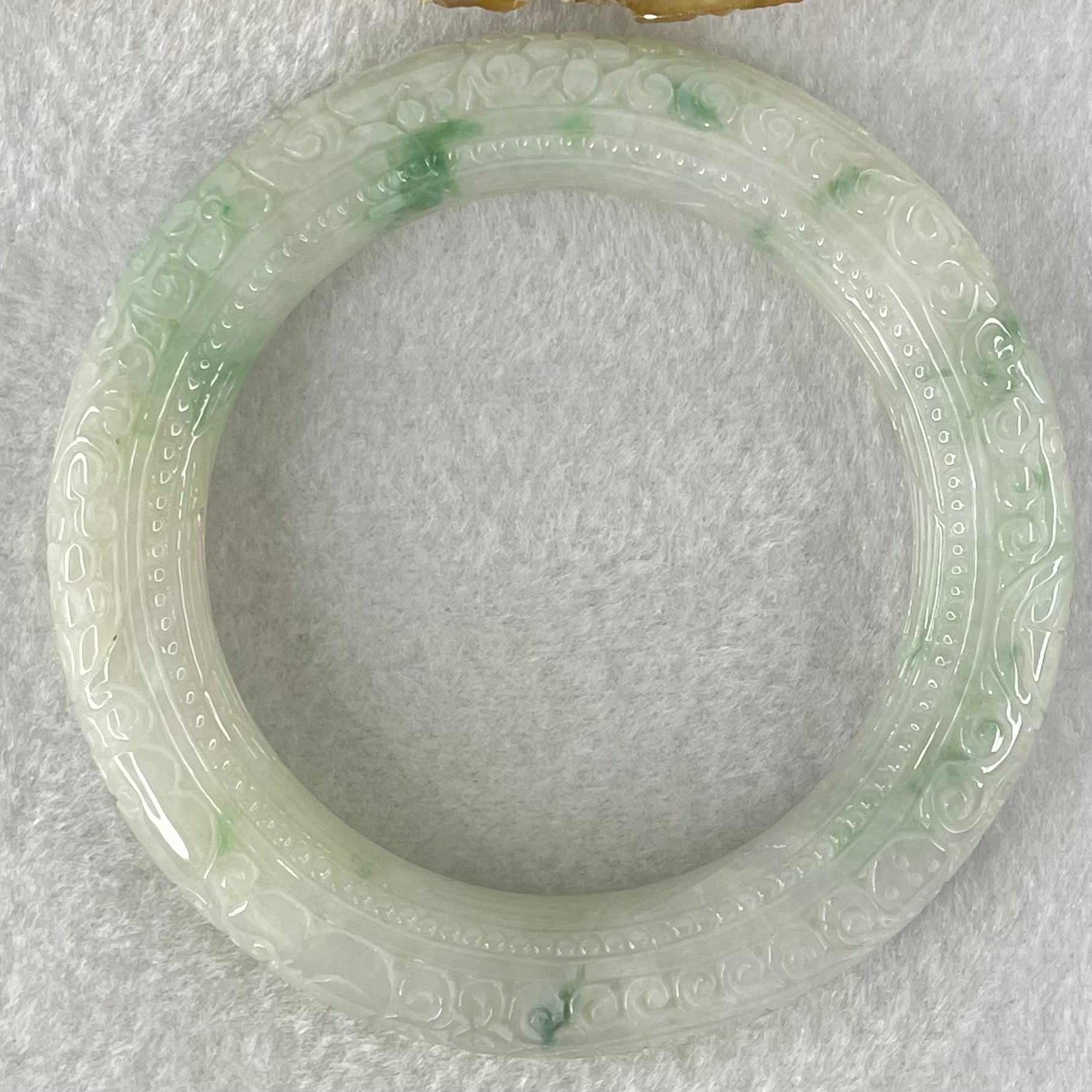 Type A Light Green with Blueish Green Piao Hua Jadeite Carved Floral FU and Ruyi Blessing Bangle 87.62g Internal Diameter 55.7mm 13.0 by 12.7mm (Internal Line) - Huangs Jadeite and Jewelry Pte Ltd