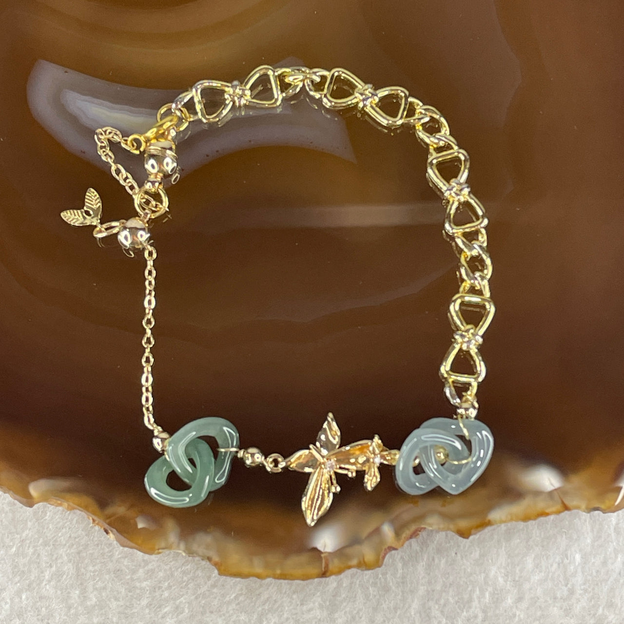 Natural Type A Blueish Green with Sky Blue Jadeite Heart Shape Charm in Gold Color Bracelet 8.90g 14-18cm 10.5 by 9.9 by 2.8mm - Huangs Jadeite and Jewelry Pte Ltd