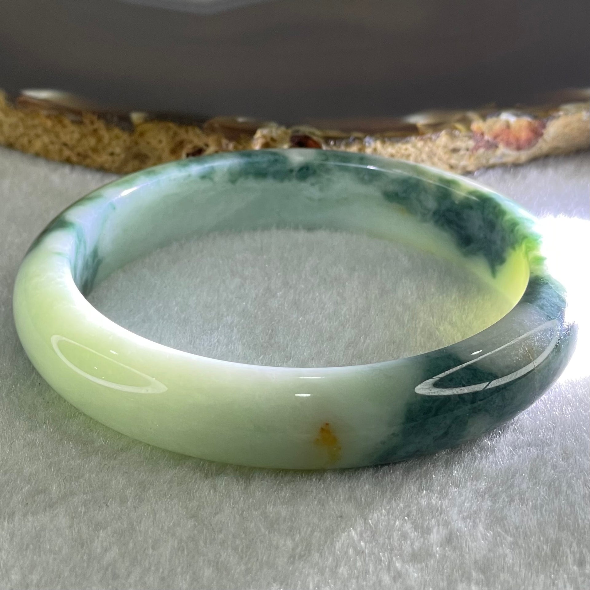 Type A Light Blueish Green with Dark Blueish Green Piao Hua and Red Spots Jadeite Bangle 52.08g Internal Diameter 58.6mm 12.2 by 7.8mm (Close to Perfect) - Huangs Jadeite and Jewelry Pte Ltd