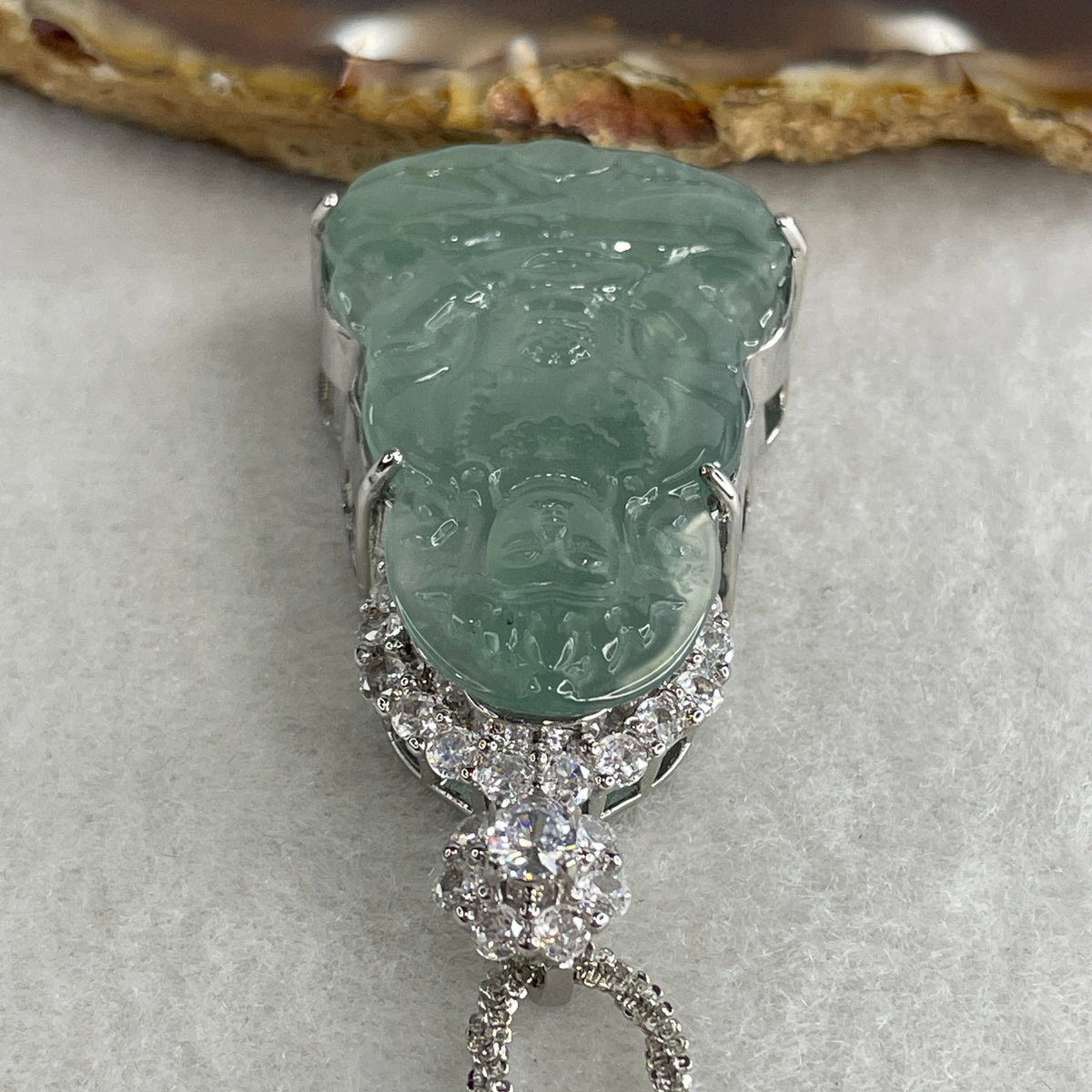 Natural Type A Icy Blueish Green Jadeite Guanyin Pendant Necklace in S925 Silver | (23.44g | 59cm S925 | 39.5 x 25.0 x 2.5mm | Compassion, Peace & Lifelong Protection Anchor, Feng Shui Guardian) - Huangs Jadeite and Jewelry Pte Ltd
