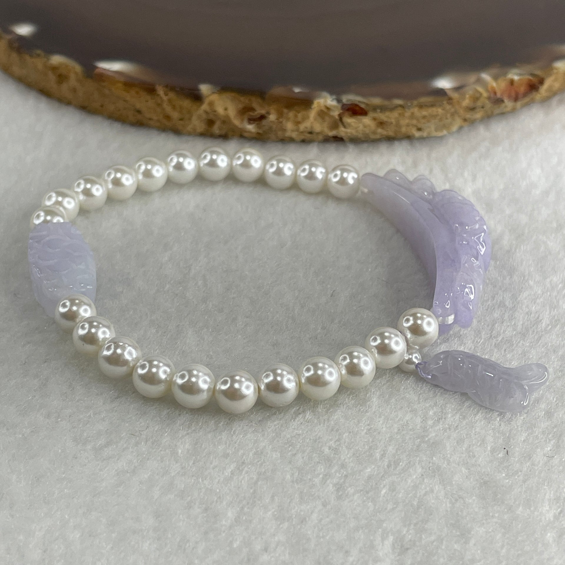 Natural Type A Intense Lavender Jadeite Flower with Faux Pearl Beads Bracelet 17.09g 15.5cm 40.0 by 10.3 by 10.5mm - 17.0 by 9.4 by 5.8mm - Huangs Jadeite and Jewelry Pte Ltd