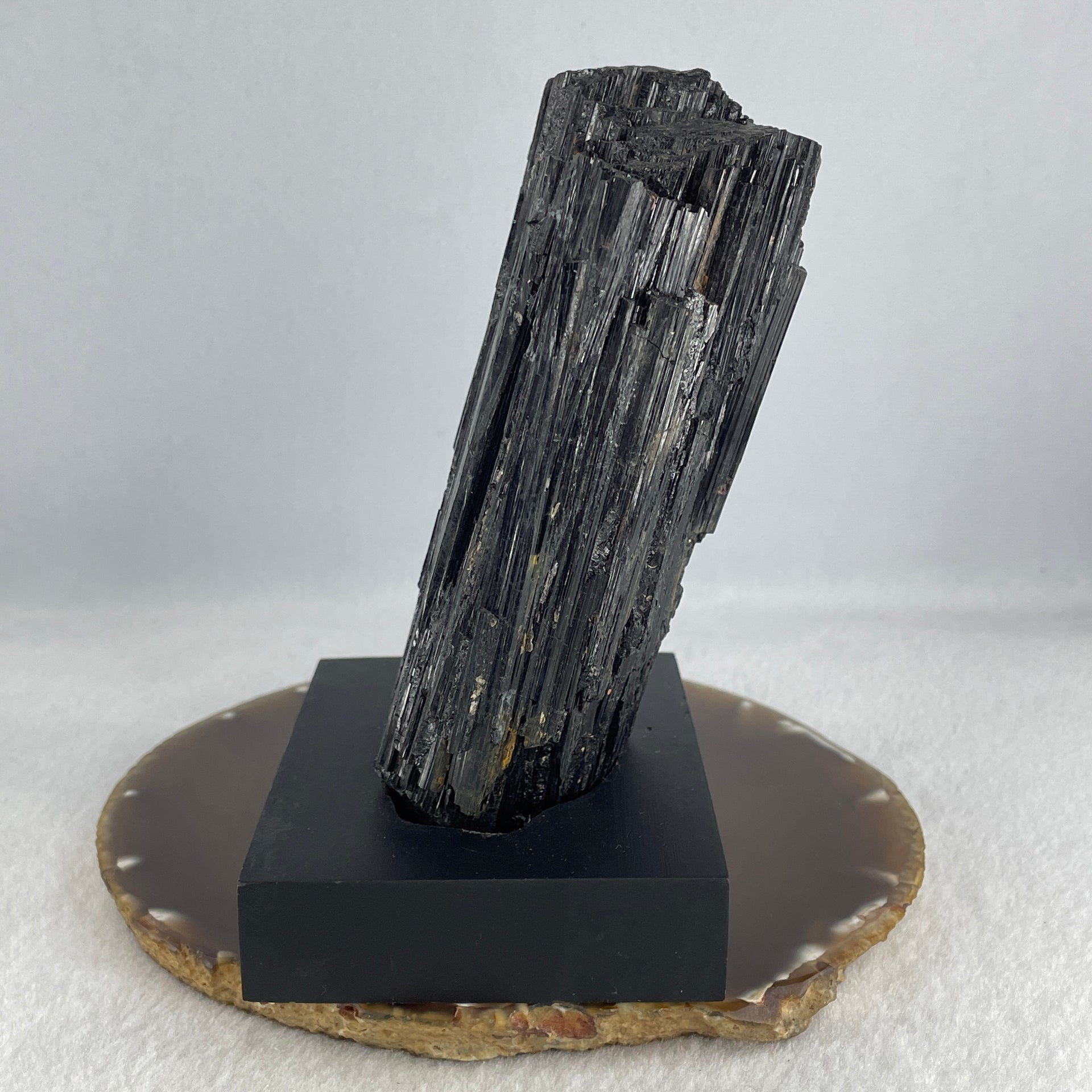 Natural Black Tourmaline Display with Wooden Stand 849.37g 94.6 by 74.8 by 135.0mm - Huangs Jadeite and Jewelry Pte Ltd