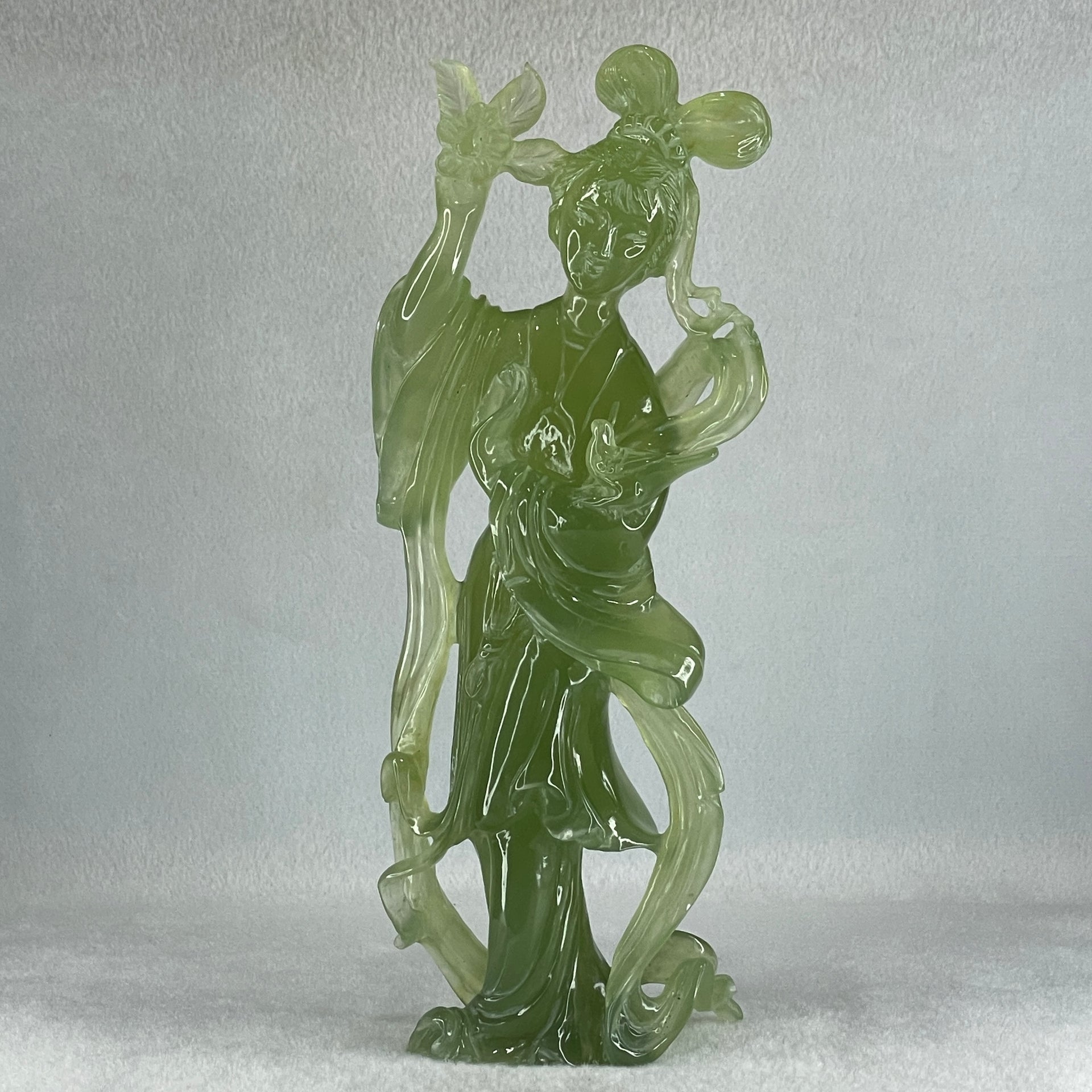 Natural Green Serpentine Fairy with Bird and Flower with Wooden Stand Display 697.8g 118.0 by 257.0 by 75.0mm - Huangs Jadeite and Jewelry Pte Ltd
