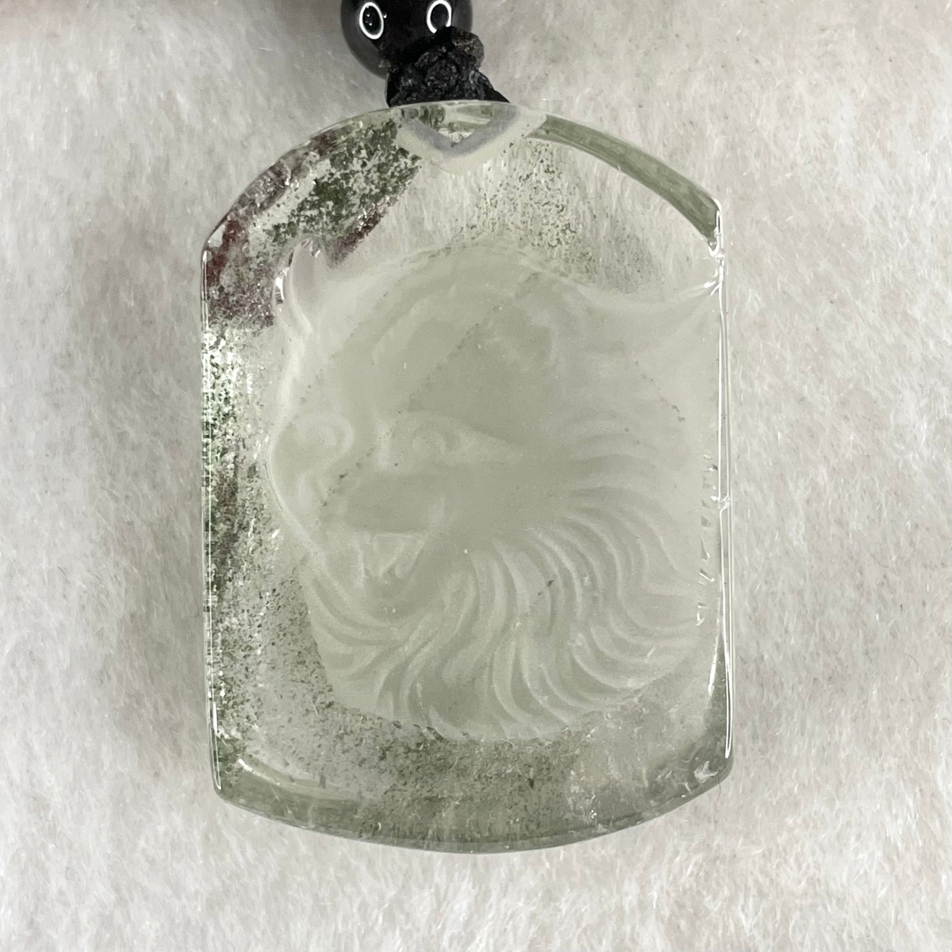 Above Average Grade Natural Green Phantom Quartz Tiger Pendant with Onyx Beads Necklace 28.56g 33.4 by 23.7 by 10.0mm - Huangs Jadeite and Jewelry Pte Ltd