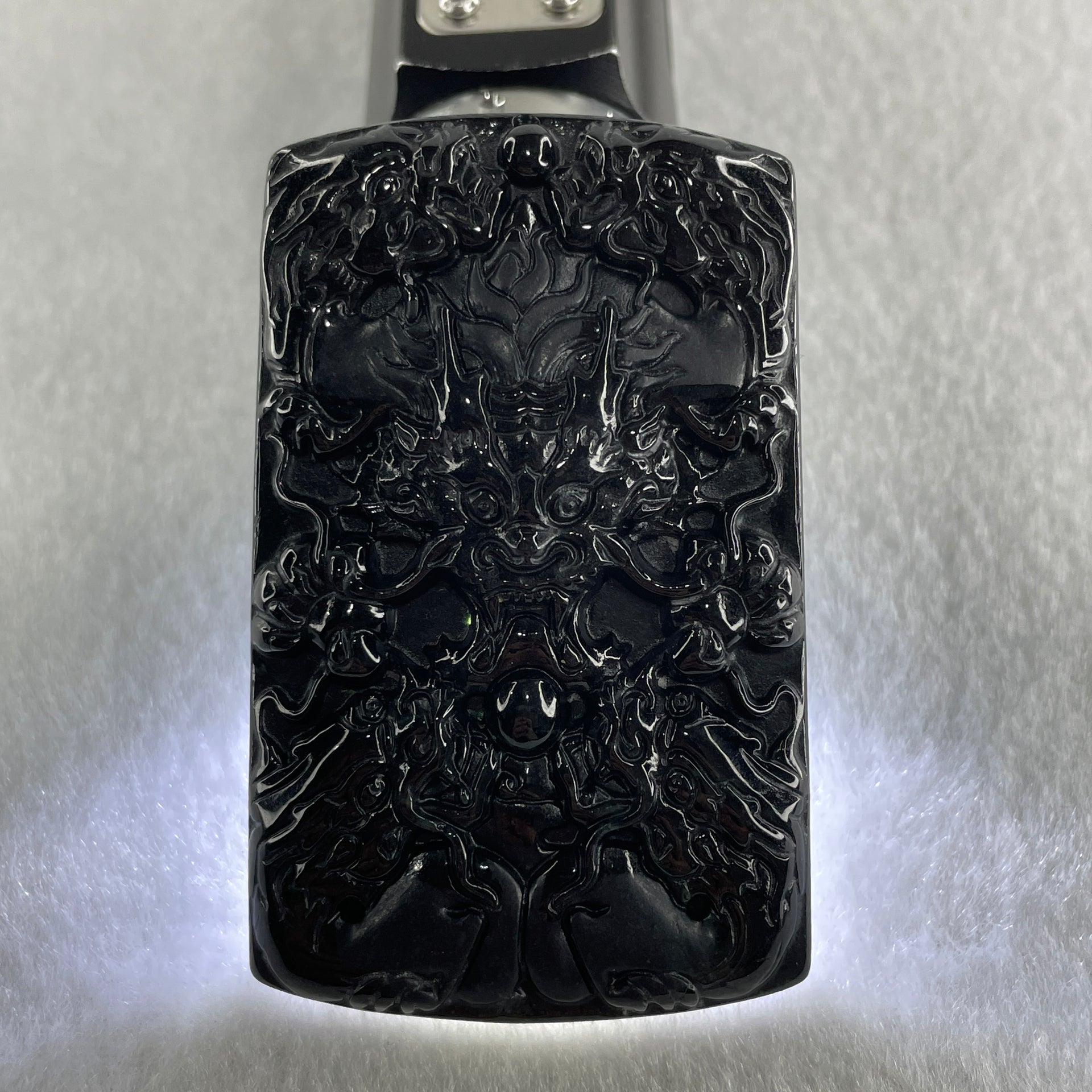 Type A Opaque to Partial Translucent Black Omphacite Jadeite 5 Dragons Pendant 32.20g 64.7 by 40.0 by 8.0mm - Huangs Jadeite and Jewelry Pte Ltd
