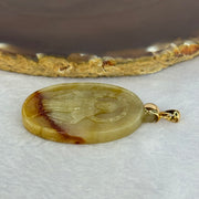 (Pre Love) Lotus on Water by Master Yun Long Zi Type A Yellow Red Jadeite Mother Mary in 18K 750 Yellow Gold Clasp 18.38g 34.1 by 30.1 by 6.8mm with Complete Box 2,124.3g - Huangs Jadeite and Jewelry Pte Ltd