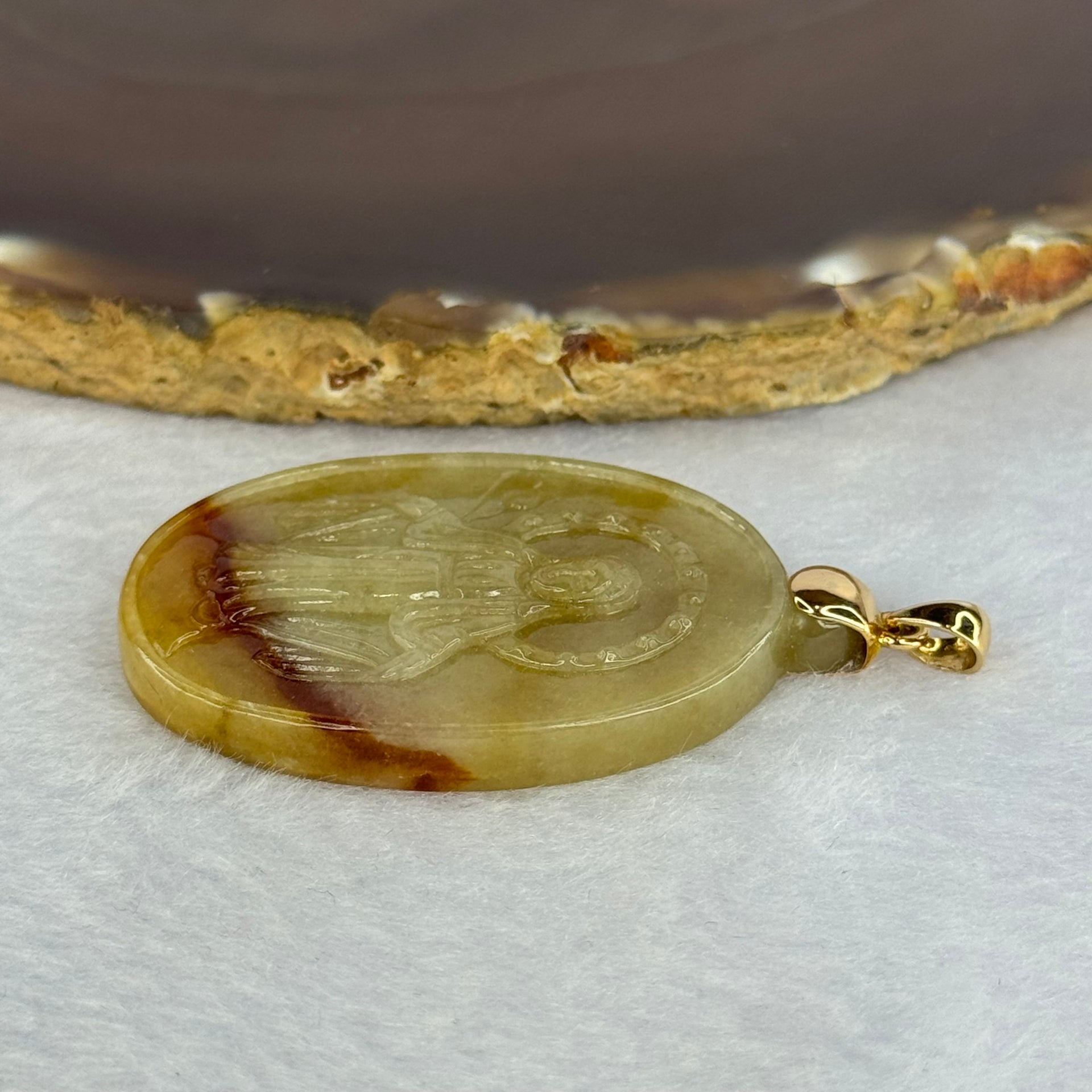 (Pre Love) Lotus on Water by Master Yun Long Zi Type A Yellow Red Jadeite Mother Mary in 18K 750 Yellow Gold Clasp 18.38g 34.1 by 30.1 by 6.8mm with Complete Box 2,124.3g - Huangs Jadeite and Jewelry Pte Ltd