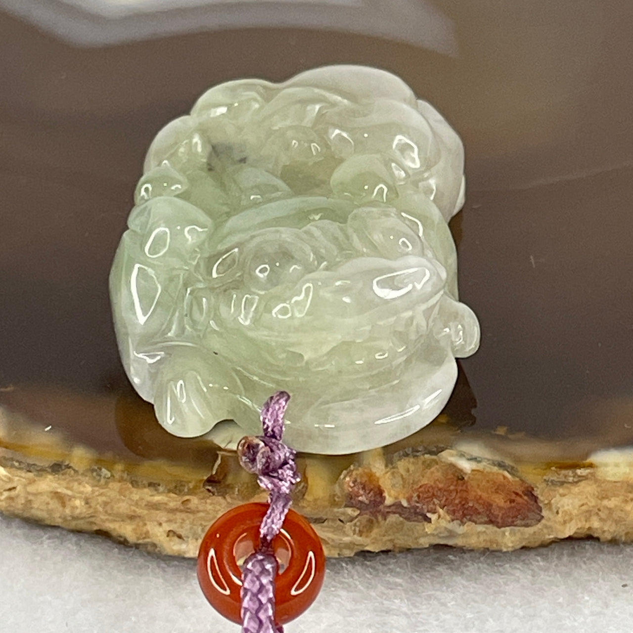 Certified Natural Type A Jelly Green with Light Lavender Jadeite Pixiu Pendant 26.09g 40.0 by 25.0 by 13.0mm