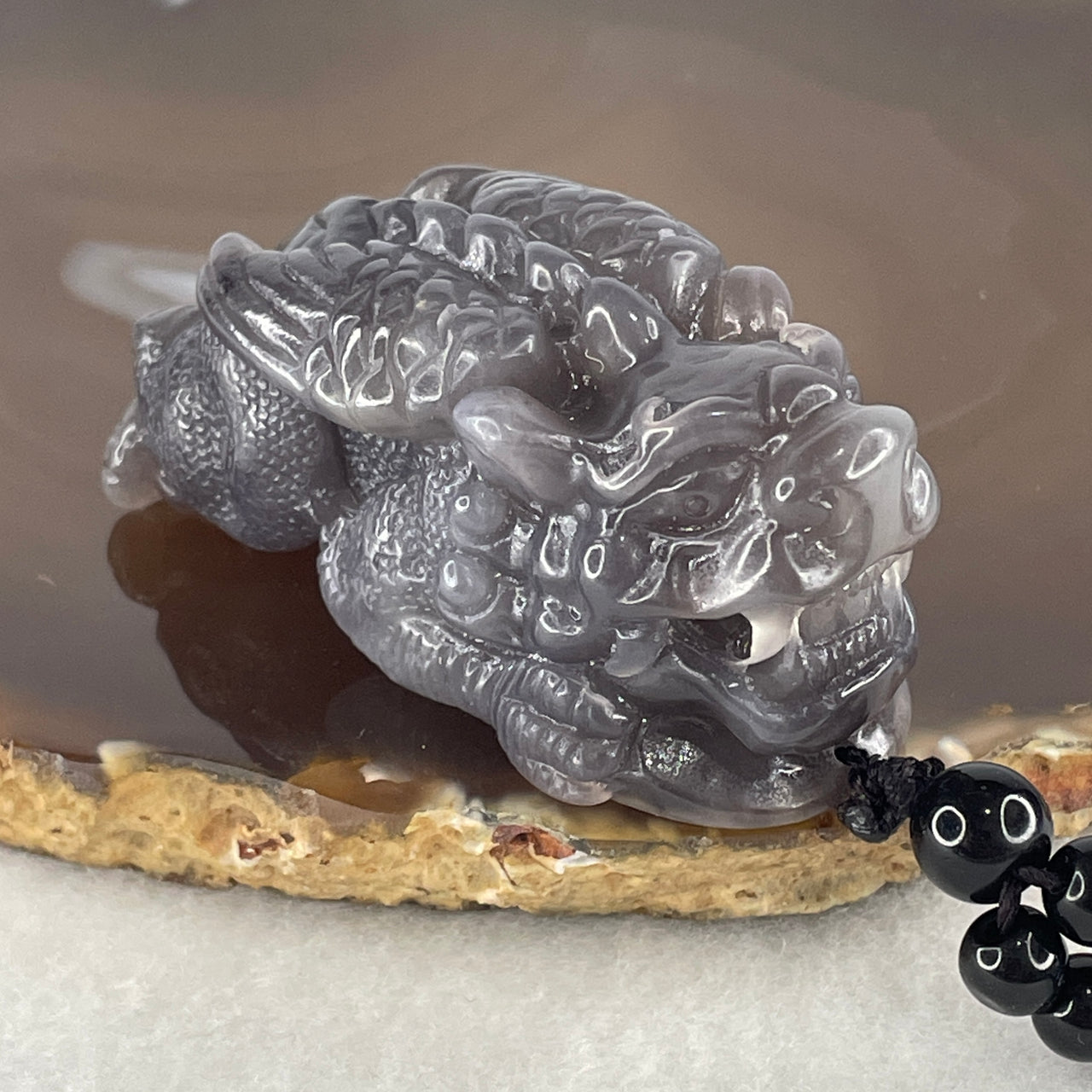 Certified Natural Nephrite Pixiu Pendant 91.50g - 60.2x28.9x27.0mm - Purplish Grey Flying Pixiu Handplay - Grade A Untreated Nephrite Jade Art