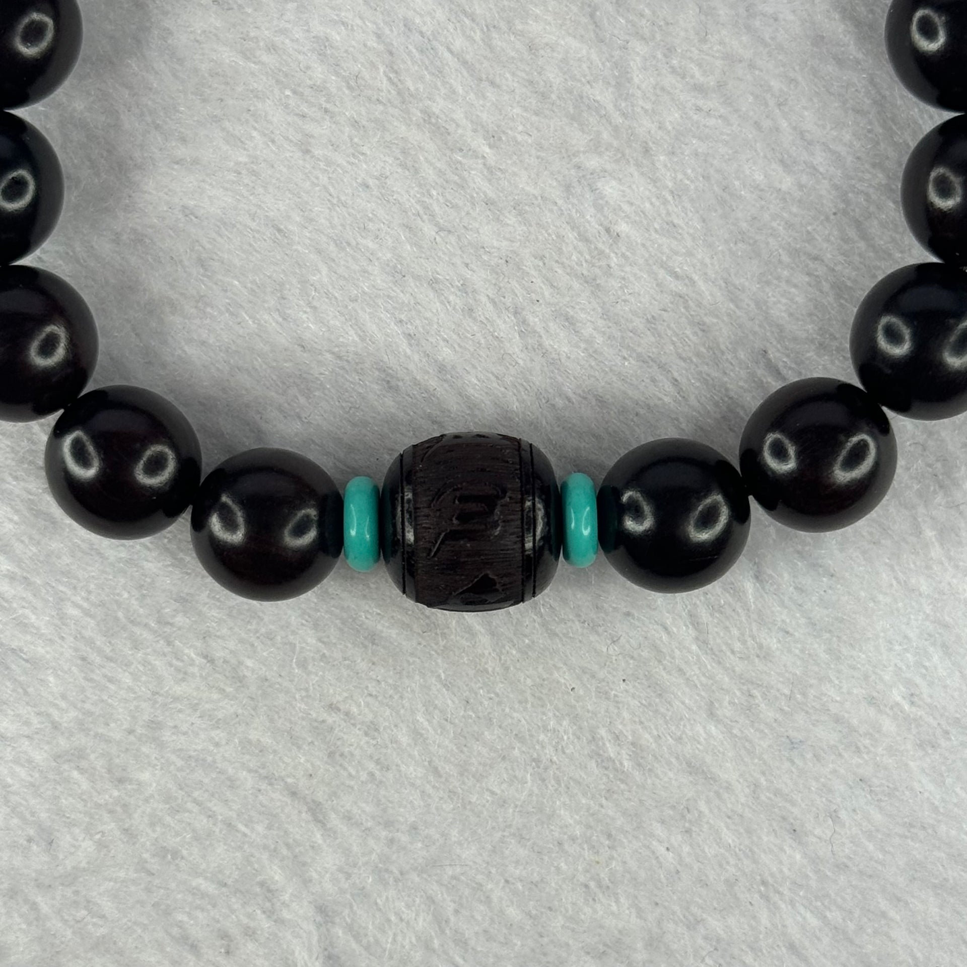 Natural India Zitan 天然小叶字檀木 Om Ma ni Padme Hum 六字真言 Beads Bracelet with Turquoise (Sinking Type) 11.53g 15.5cm 10.2mm 17 Beads, 11.8mm 1 Bead - Huangs Jadeite and Jewelry Pte Ltd