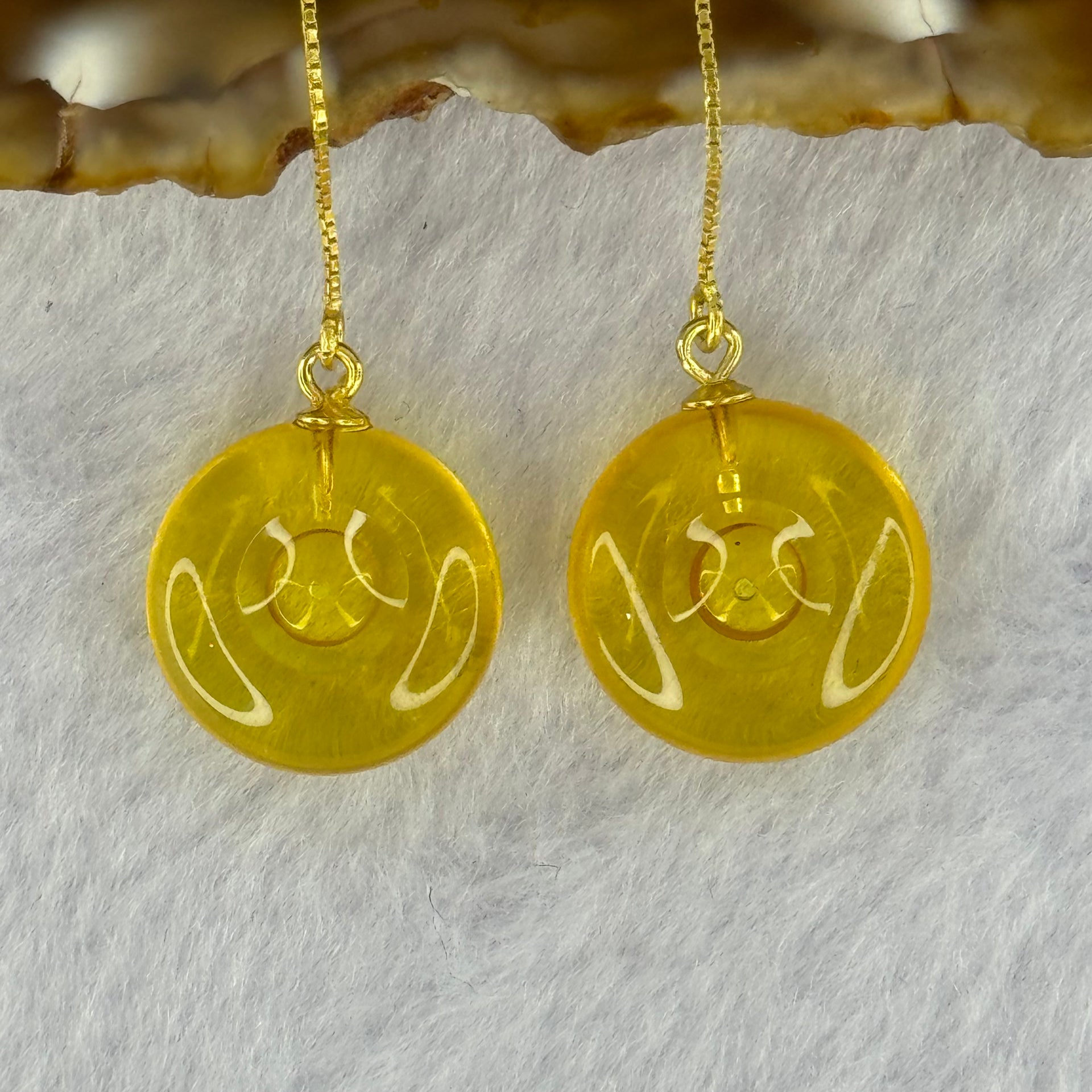 Natural Golden Yellow Amber Ping An Kou Donut Silver in Gold Color Earrings 2.36g 15.0 by 6.7mm - Huangs Jadeite and Jewelry Pte Ltd