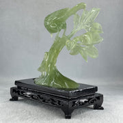Natural Green Serpentine Double Birds on Tree with Wooden Stand Display 322.6g 74.0 by 155.0 by 75.8mm - Huangs Jadeite and Jewelry Pte Ltd