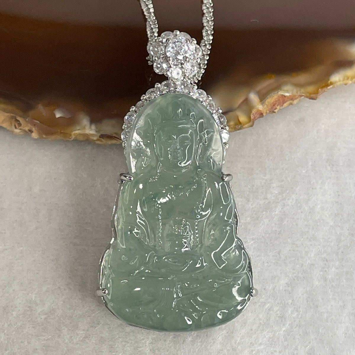 Natural Type A Icy Blueish Green Jadeite Guanyin Pendant Necklace in S925 Silver | (23.44g | 59cm S925 | 39.5 x 25.0 x 2.5mm | Compassion, Peace & Lifelong Protection Anchor, Feng Shui Guardian) - Huangs Jadeite and Jewelry Pte Ltd