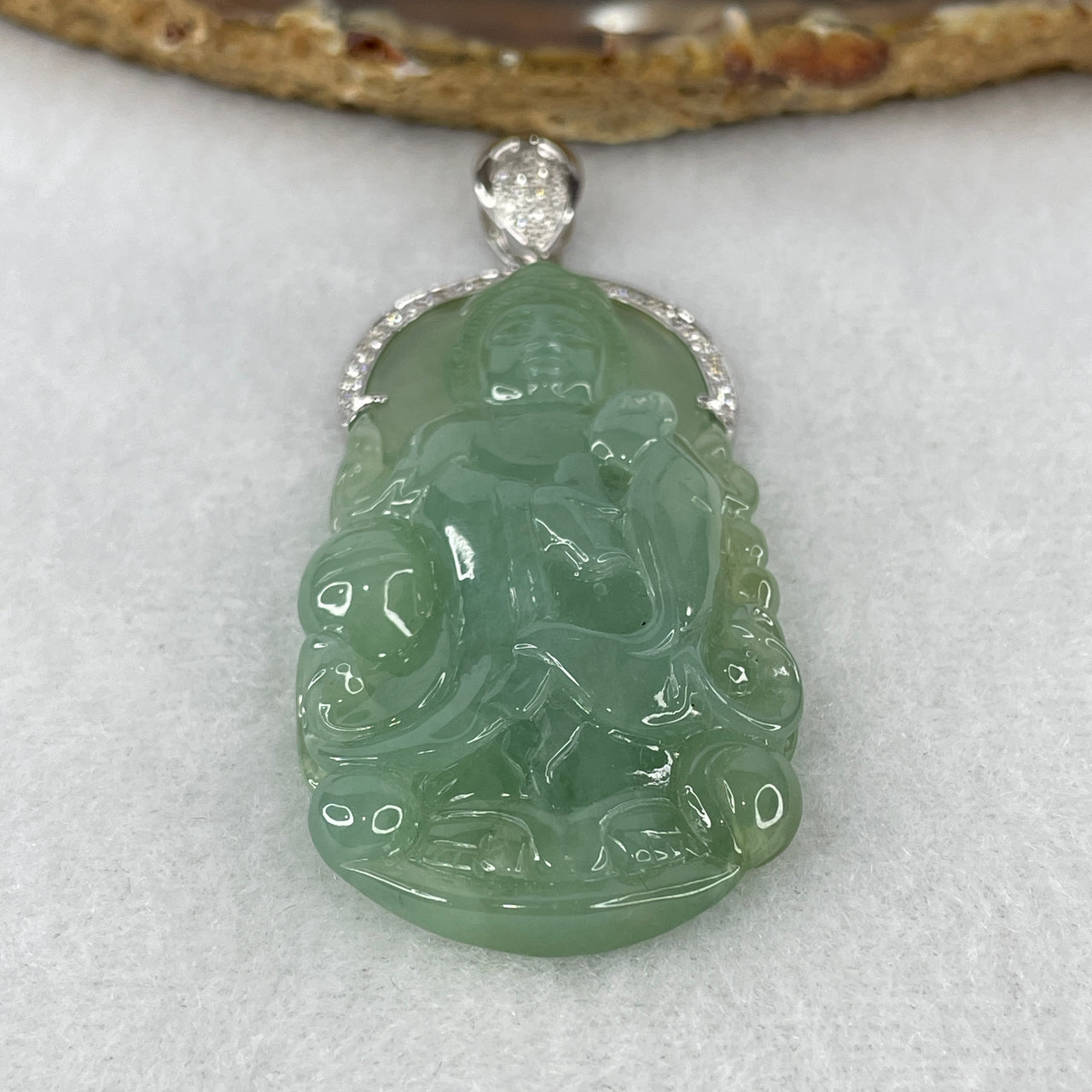 High Grade Natural Type A Semi-Icy Green Jadeite Guan Yin Pendant in 18K White Gold & 0.45ct Diamond Frame | Untreated Fei Cui Goddess of Mercy Pendant (26.22g | 55.4 x 29.1 x 9.4mm)