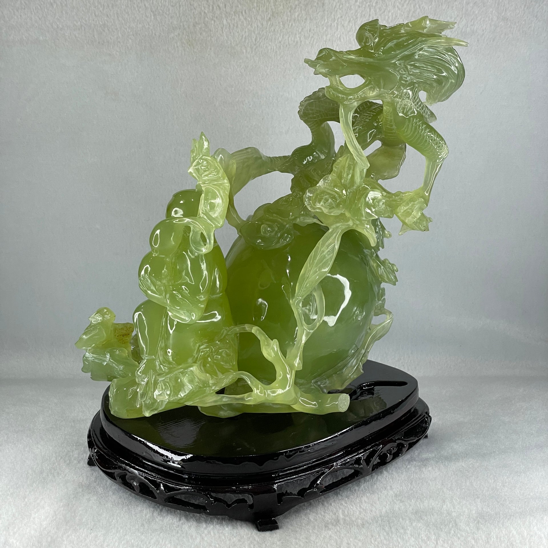Natural Green Serpentine Dragon with Shou Xing Gong and Tong Zi with Wooden Stand Display 2610.6g 200.0 by 175.0 by 215.0mm - Huangs Jadeite and Jewelry Pte Ltd