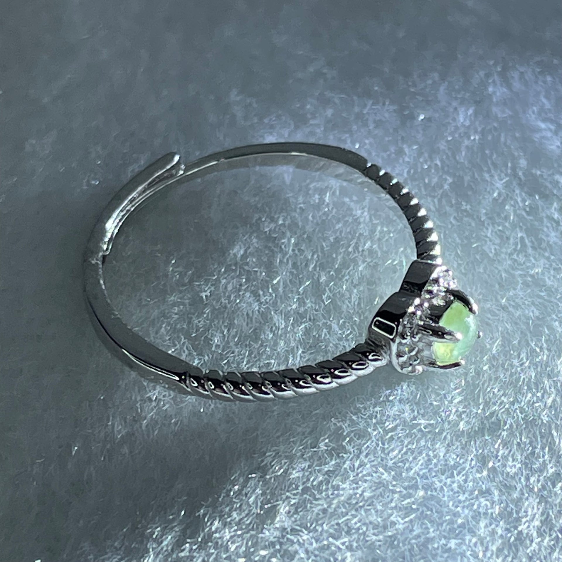 Type A Icy Green Cabochon Jadeite in S925 Sliver Heart Ring (Adjustable Size) 1.18g 3.5 by 2.5mm - Huangs Jadeite and Jewelry Pte Ltd