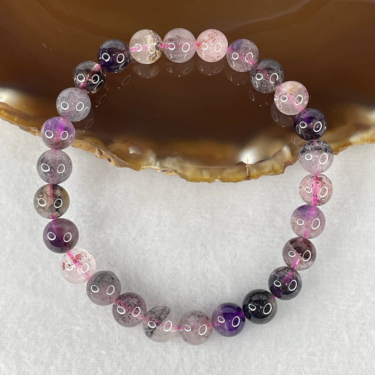 Certified Above-Average Grade Natural Super 7 Crystal Beads Bracelet | High-Fluidity Crystalline Strand | Authentic Sacred Seven Multi-Mineral Inclusions Quartz Spiritual Catalyst & Auric Shield Bracelet (16.27g | 16.5cm Length | 7.9mm | 26 Beads)