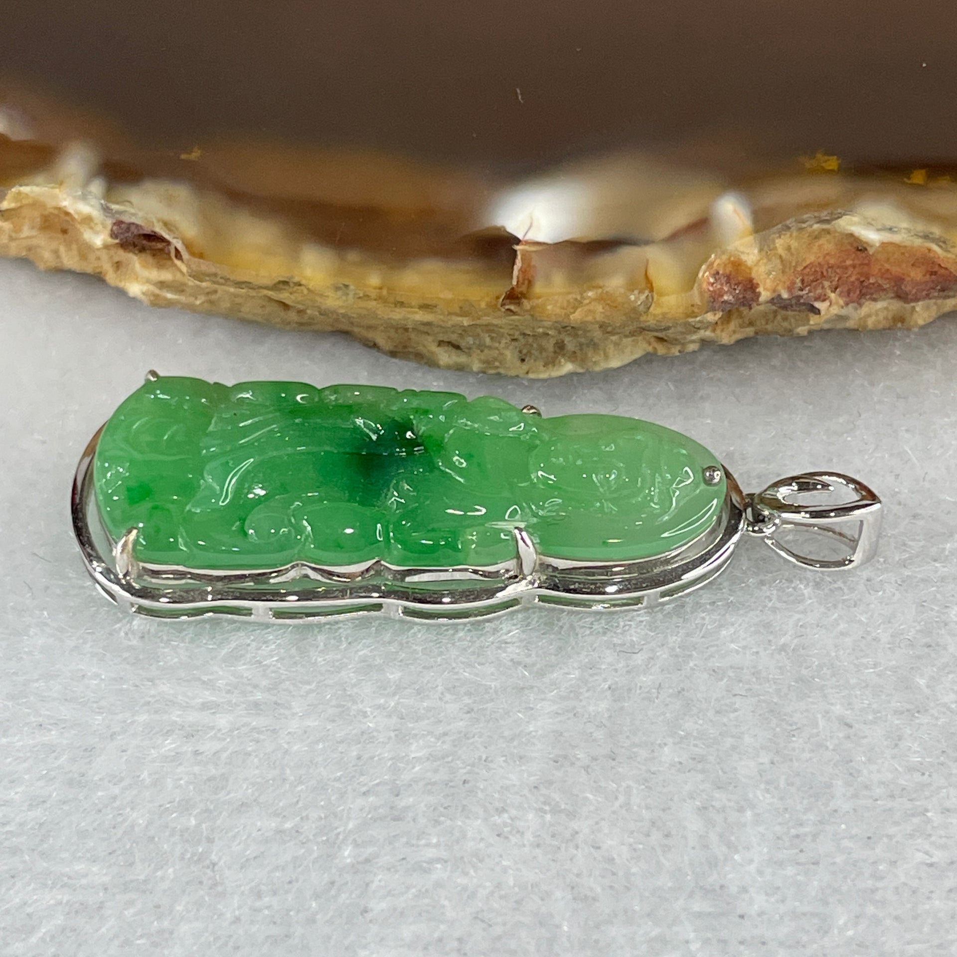 Certified Type A Semi Icy Spicy Green Jadeite Guan Yin Pendant Setting 18k White Gold 2.68g 37.0 by 12.3 by 5.3mm - Huangs Jadeite and Jewelry Pte Ltd