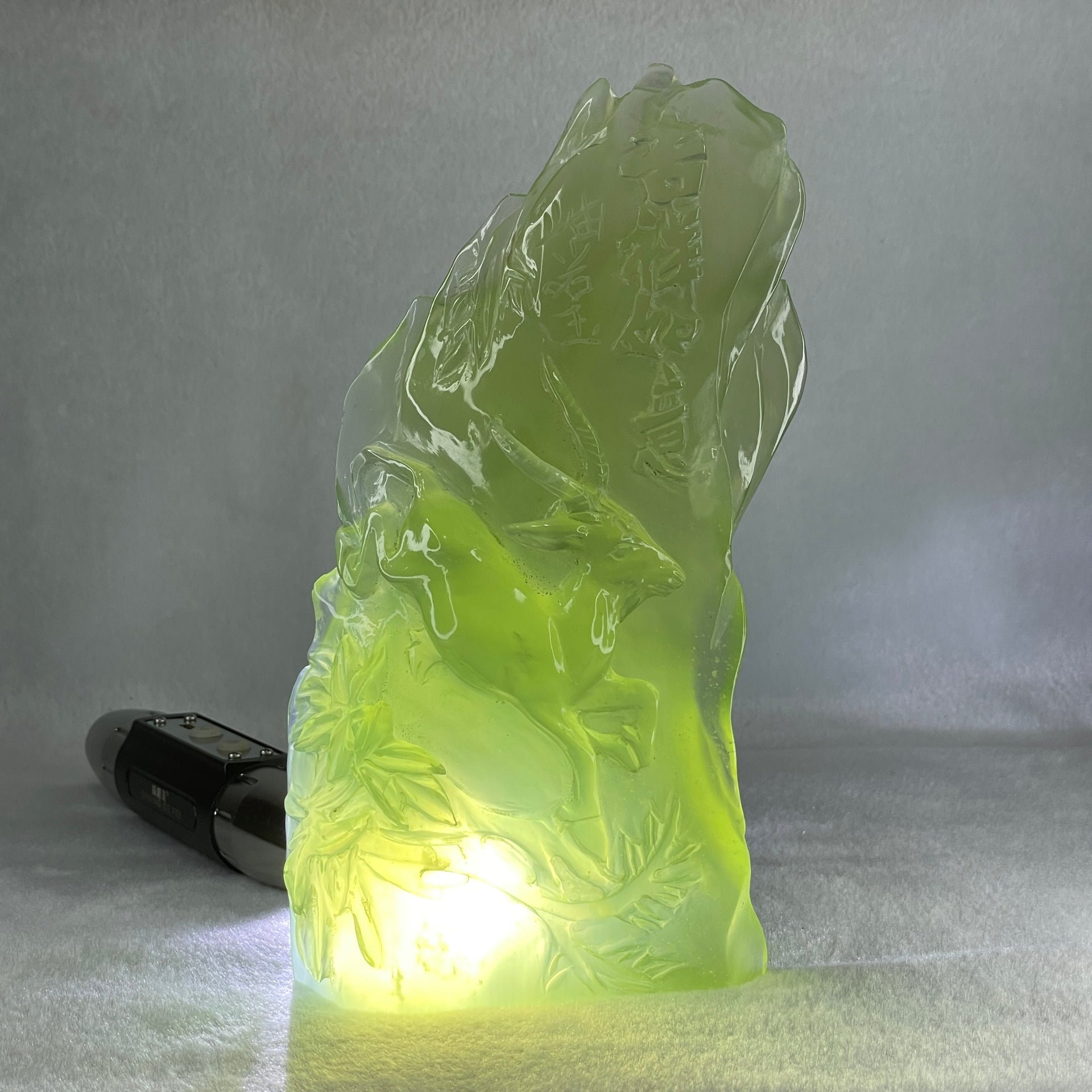 Natural Green Serpentine Goat on Moutain with Wooden Stand Display 828.2g 134.4 by 66.1 by 210.0mm - Huangs Jadeite and Jewelry Pte Ltd