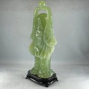 Natural Green Serpentine Stand Laughing Milo Buddha with Wealth Pot with Wooden Stand Display 1,599.3g 140.0 by 90.0 by 270.0mm - Huangs Jadeite and Jewelry Pte Ltd