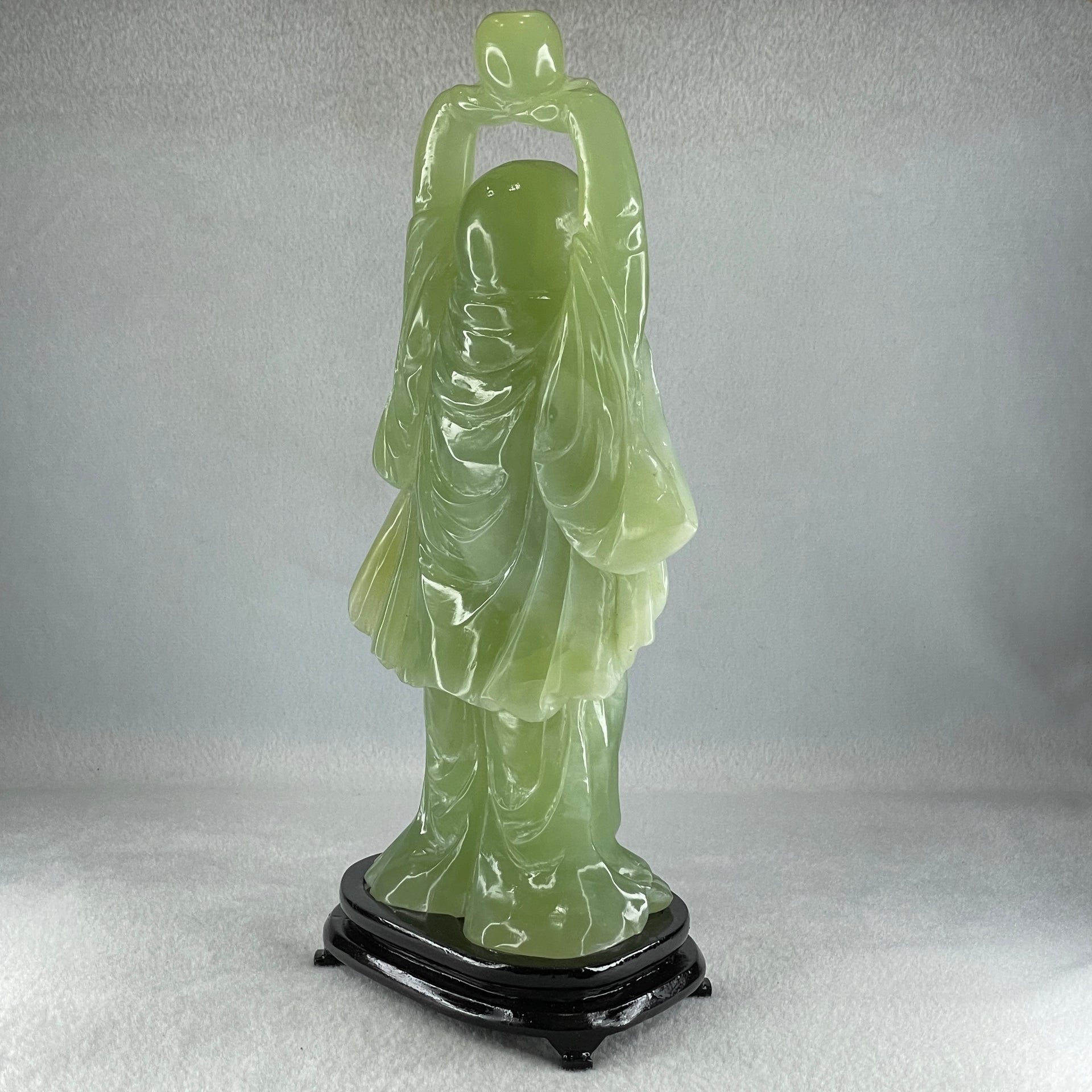 Natural Green Serpentine Stand Laughing Milo Buddha with Wealth Pot with Wooden Stand Display 1,599.3g 140.0 by 90.0 by 270.0mm - Huangs Jadeite and Jewelry Pte Ltd