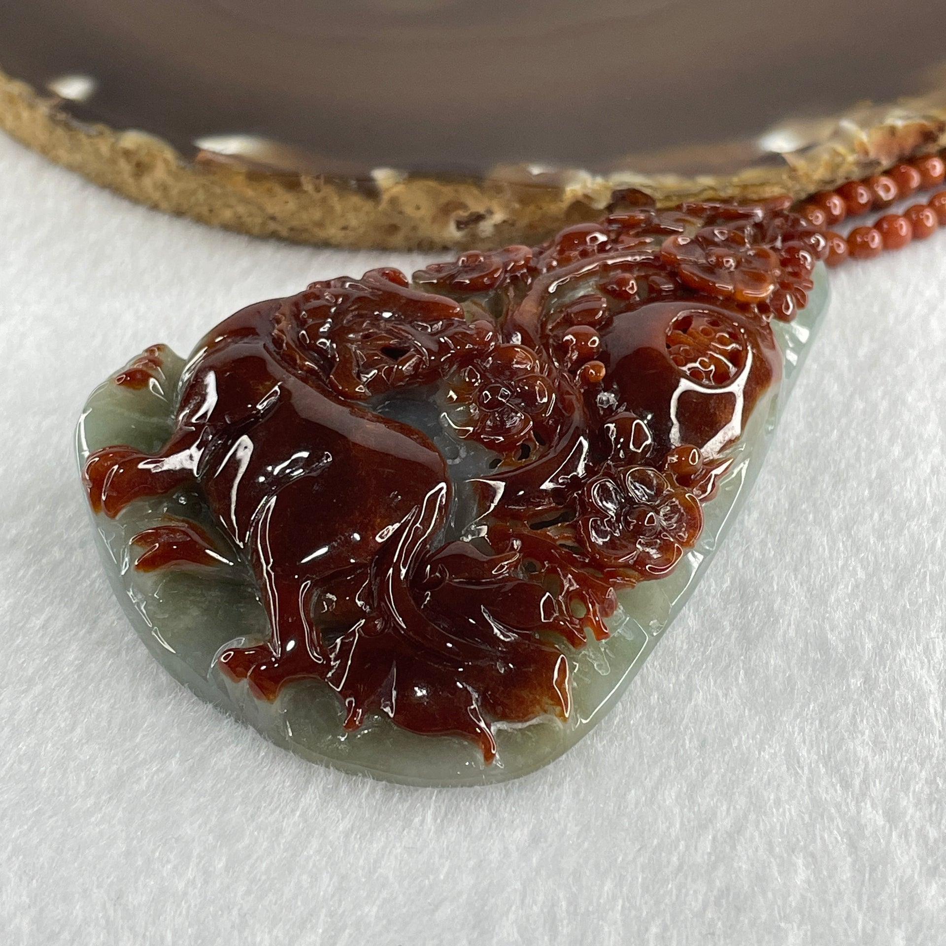 Grand Master Type A Brownish Red with Green Jadeite Tiger with Flower Double Side Pendant 117.50g 84.0 by 54.6 by 16.9mm - Huangs Jadeite and Jewelry Pte Ltd