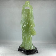 Natural Green Serpentine Stand Laughing Milo Buddha with Wealth Pot with Wooden Stand Display 1,599.3g 140.0 by 90.0 by 270.0mm - Huangs Jadeite and Jewelry Pte Ltd