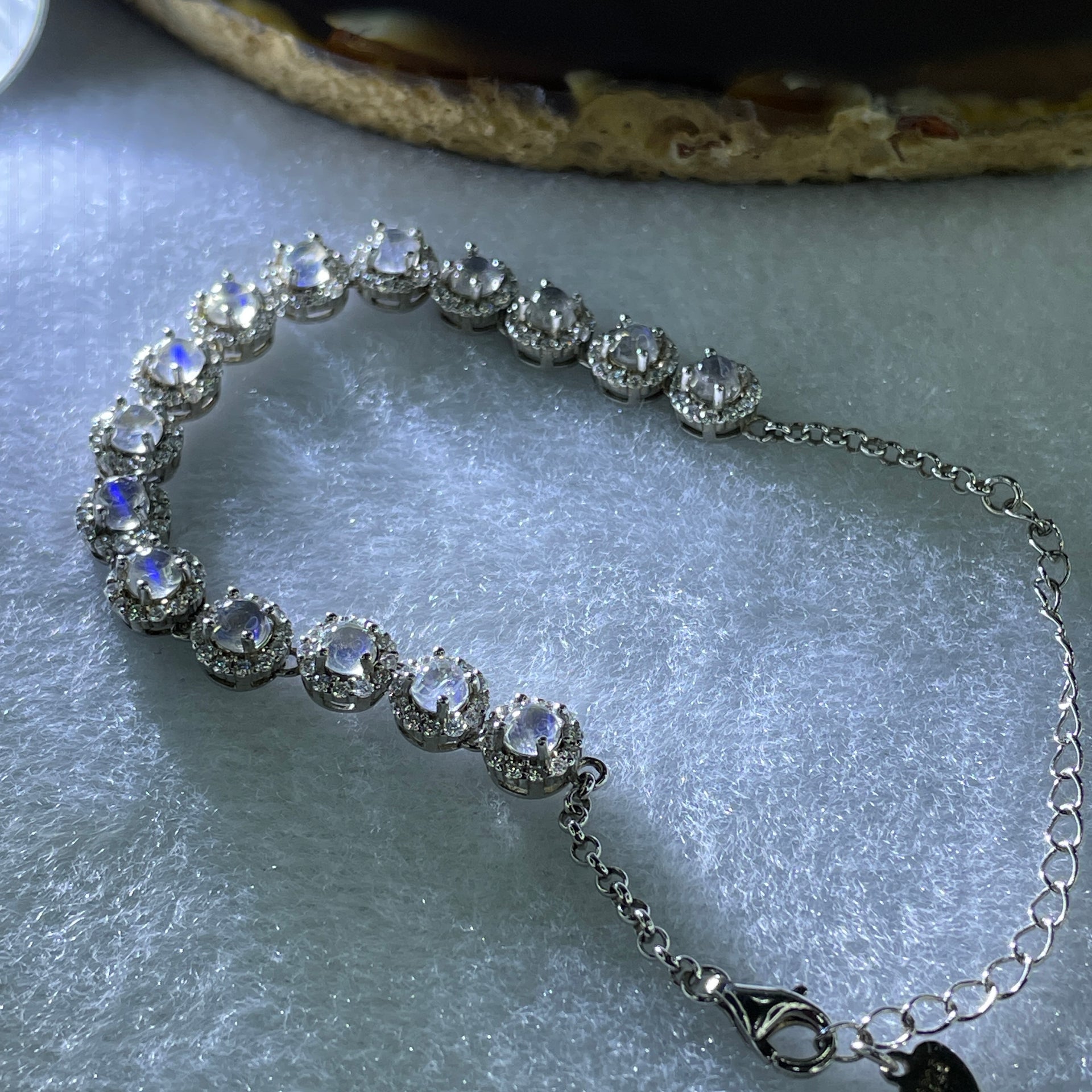 Natural Rainbow Moonstone Beads in S925 Sliver Bracelet 7.39g 13-17cm 3.0 by 2.5mm 15 Pcs - Huangs Jadeite and Jewelry Pte Ltd