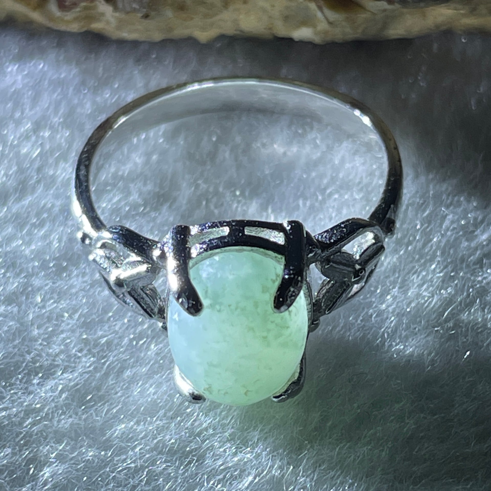 Natural Type A Green Jadeite Ring in S925 Sliver 2.44g 9.6 by 7.3 by 4.5mm US 6.7 Hk 14.8 - Huangs Jadeite and Jewelry Pte Ltd