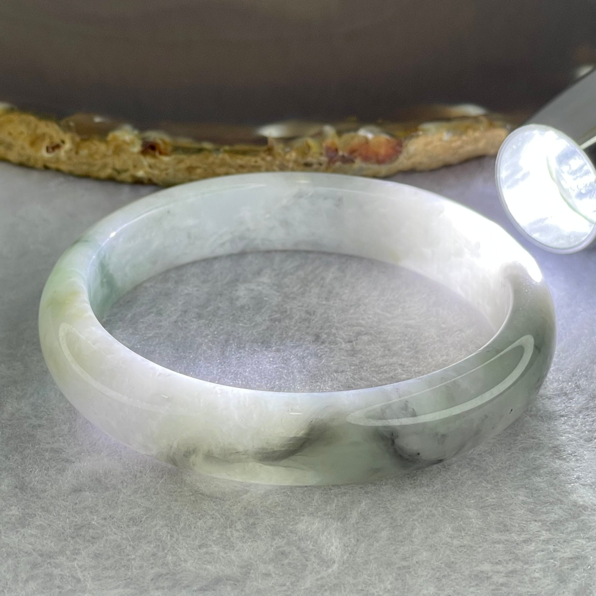 Type A Lavender Green with Grey Wuji Piao Hua Jadeite Oval Bangle Internal Diameter 56.0mm 44.31g 12.7 by 7.7mm (Slight Internal Lines) - Huangs Jadeite and Jewelry Pte Ltd