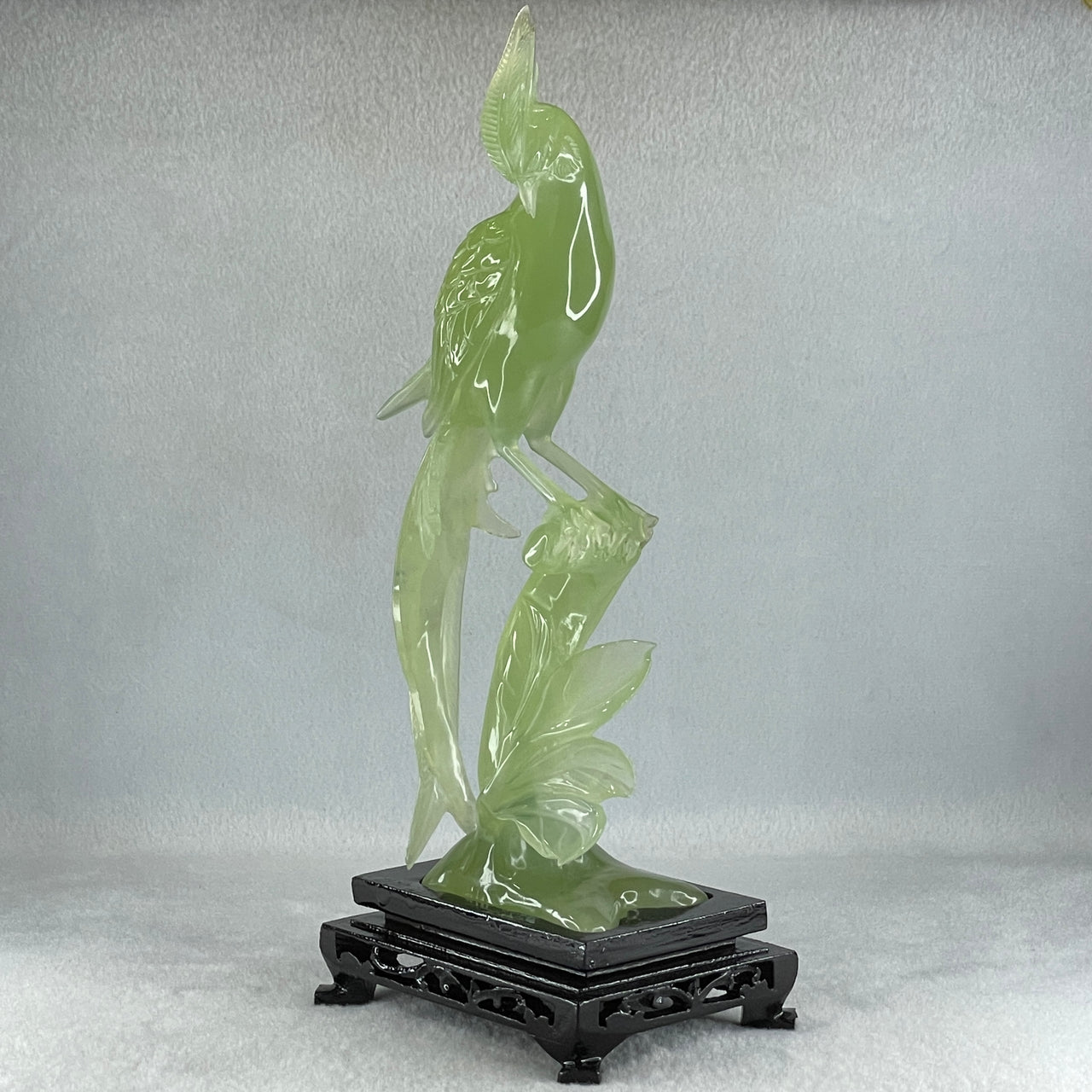 Natural Green Serpentine Phoenix on Tree with Wooden Stand Display 507.8g 114.0 by 265.0 by 84.0mm - Huangs Jadeite and Jewelry Pte Ltd