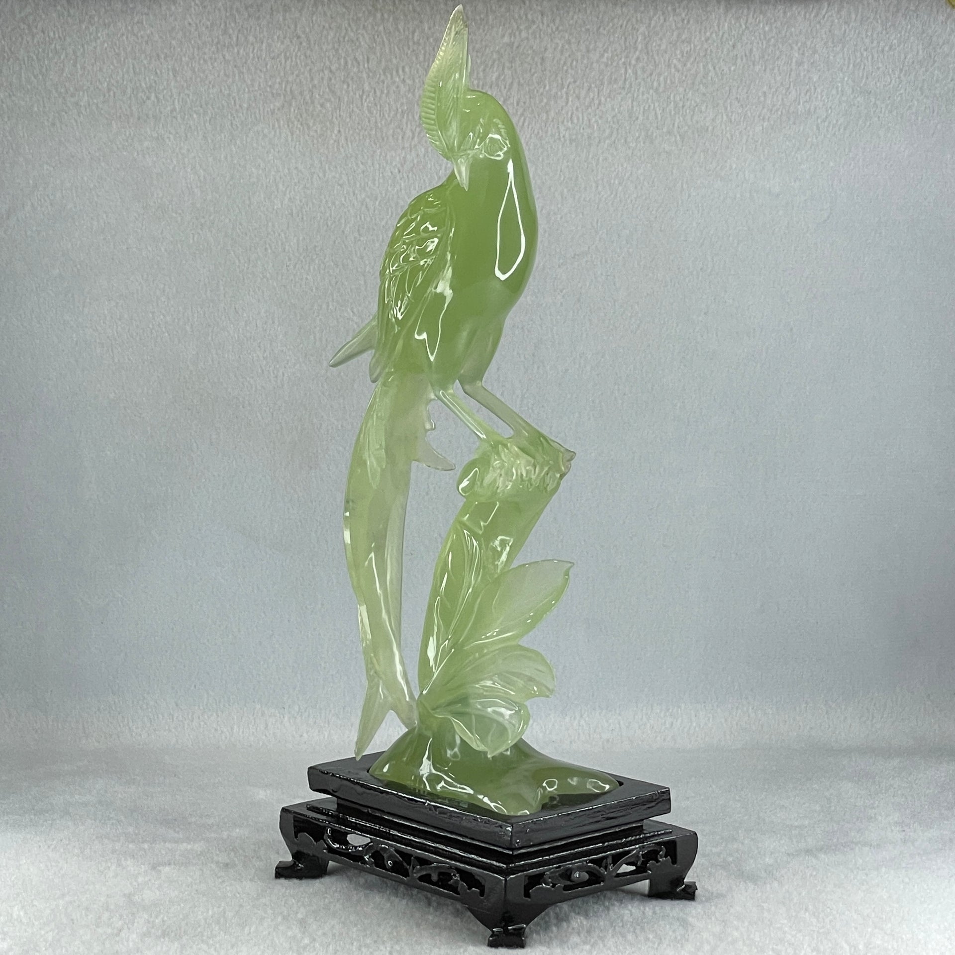 Natural Green Serpentine Phoenix on Tree with Wooden Stand Display 507.8g 114.0 by 265.0 by 84.0mm - Huangs Jadeite and Jewelry Pte Ltd