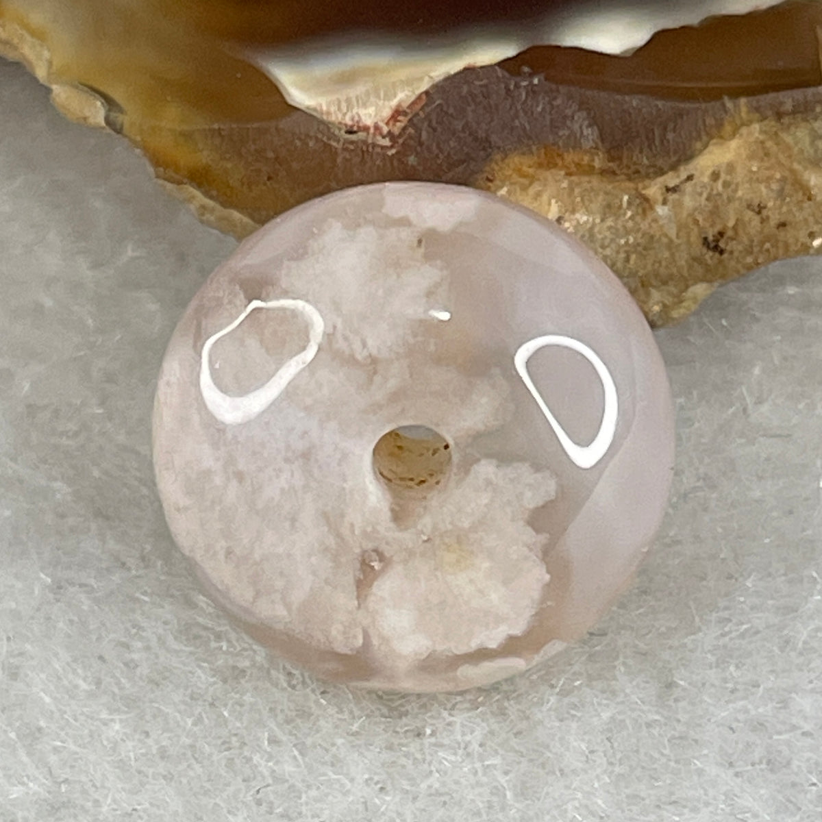 Natural Pinkish Flower Agate Ping An Kou Charm Pendant | Petite Cherry Blossom Quartz Peace Donut Talisman (2.31g | 14.0 x 7.6mm)