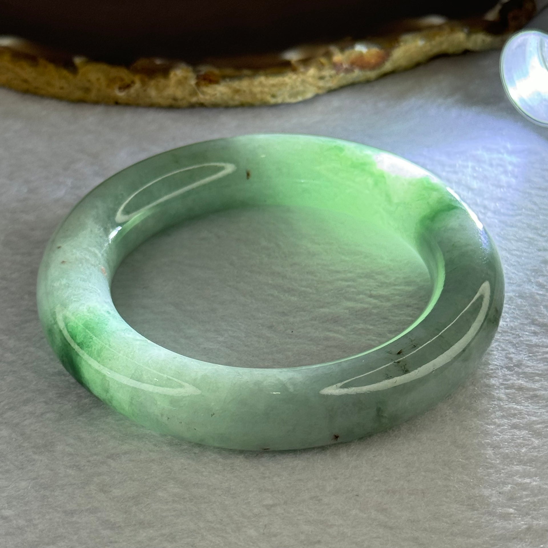 Type A Green with Blueish Green Piao Hua Jadeite Bangle Internal Diameter 54.7mm 90.87g 13.4 by 12.4mm (Very Slight External Rough) - Huangs Jadeite and Jewelry Pte Ltd