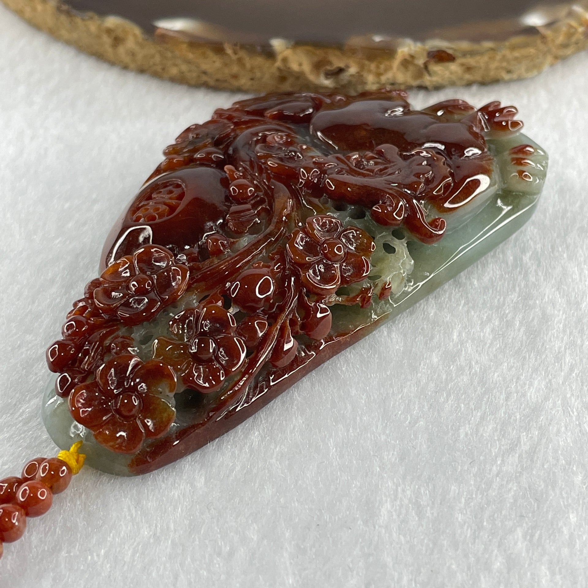 Grand Master Type A Brownish Red with Green Jadeite Tiger with Flower Double Side Pendant 117.50g 84.0 by 54.6 by 16.9mm - Huangs Jadeite and Jewelry Pte Ltd