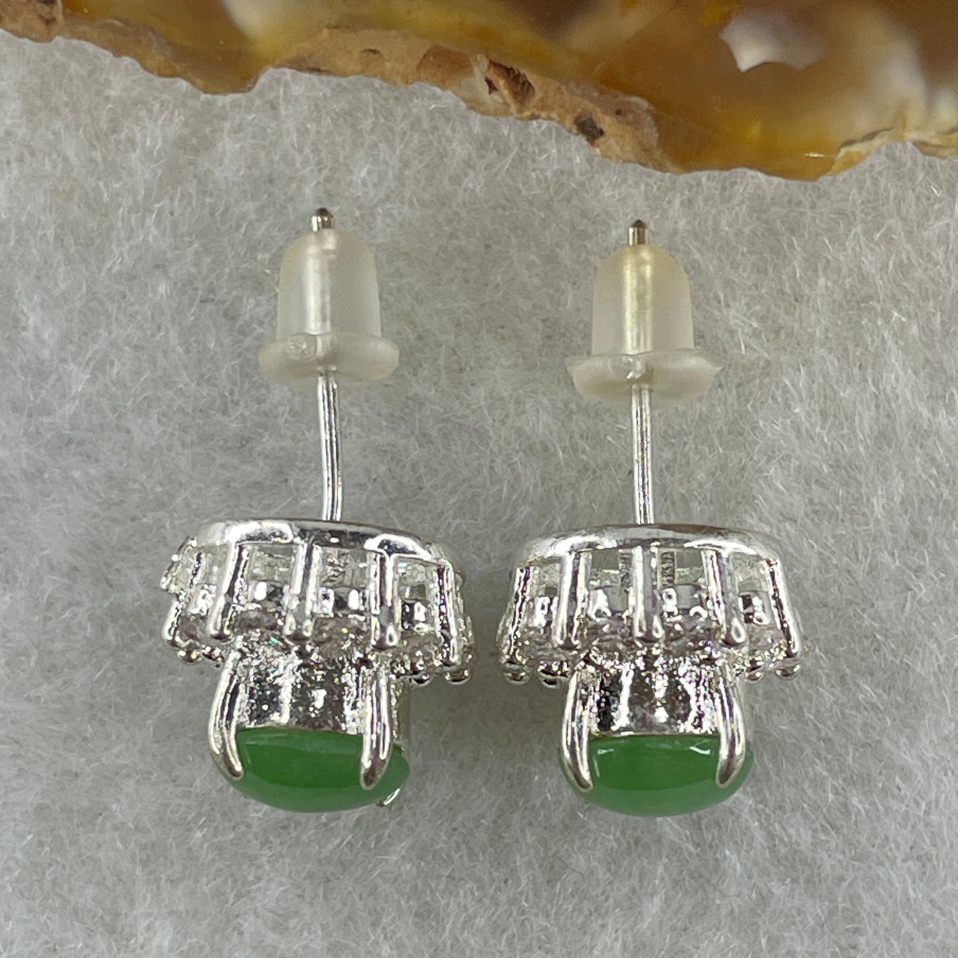 Type A Natural Green Jadeite Cabochon 6.7 by 5.2 by 2.5m Stone for Setting 4.46g (On Silver Earrings Mold) - Huangs Jadeite and Jewelry Pte Ltd