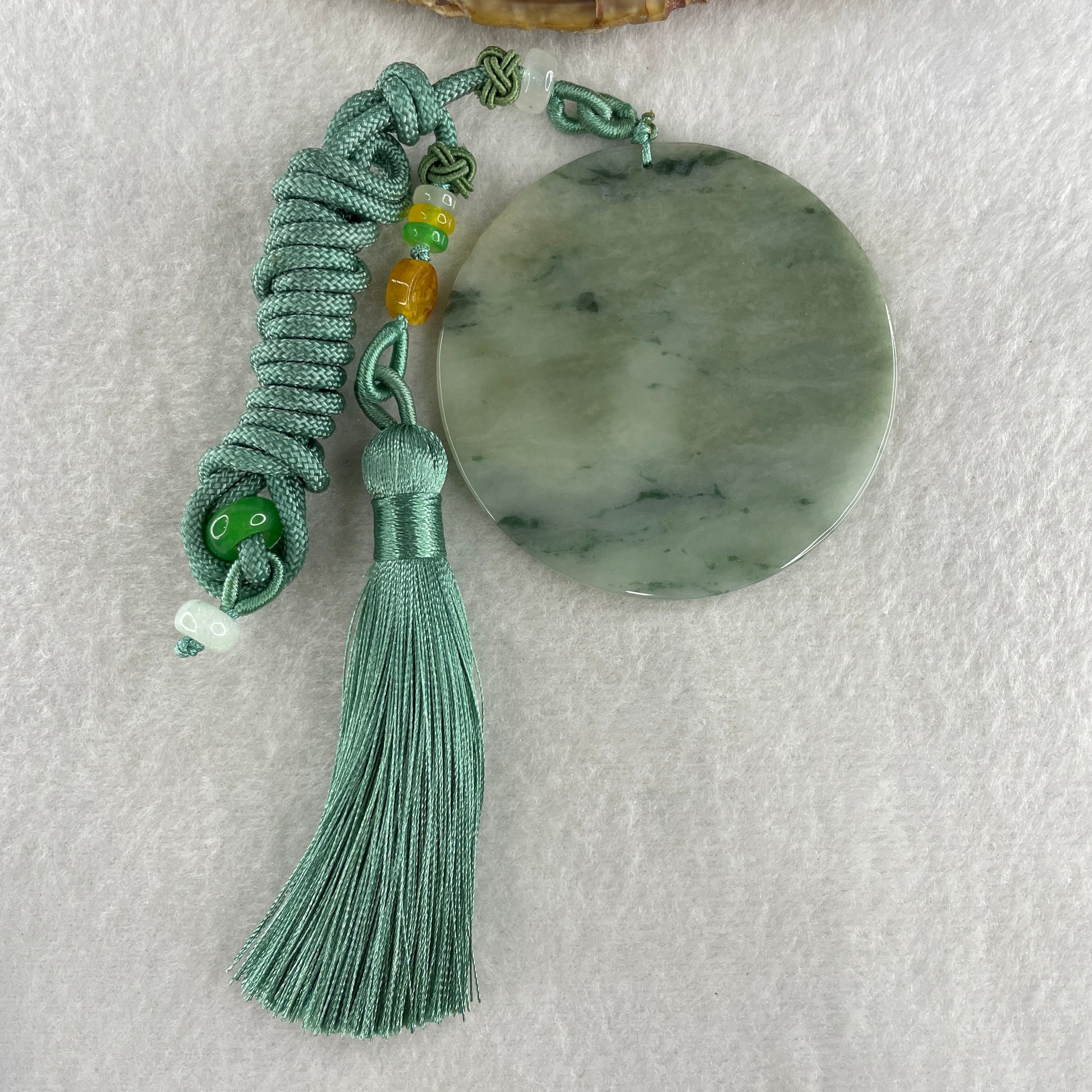 Natural Type A Green with Brownish and Dark Green Piao Hua Jadeite Round Wu Shi Pai Pendant 30.48g 57.9 by 2.9mm - Huangs Jadeite and Jewelry Pte Ltd