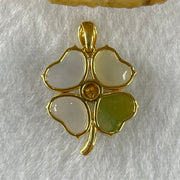 Type A Semi Icy Colourless to Faint Yellow Faint Lavender and Green Jadeite 4 Leafs Clover with Diamonds in 18K Yellow Gold Pendant 3.05g 5.5 by 8.0 by 3.5mm 4pcs - Huangs Jadeite and Jewelry Pte Ltd